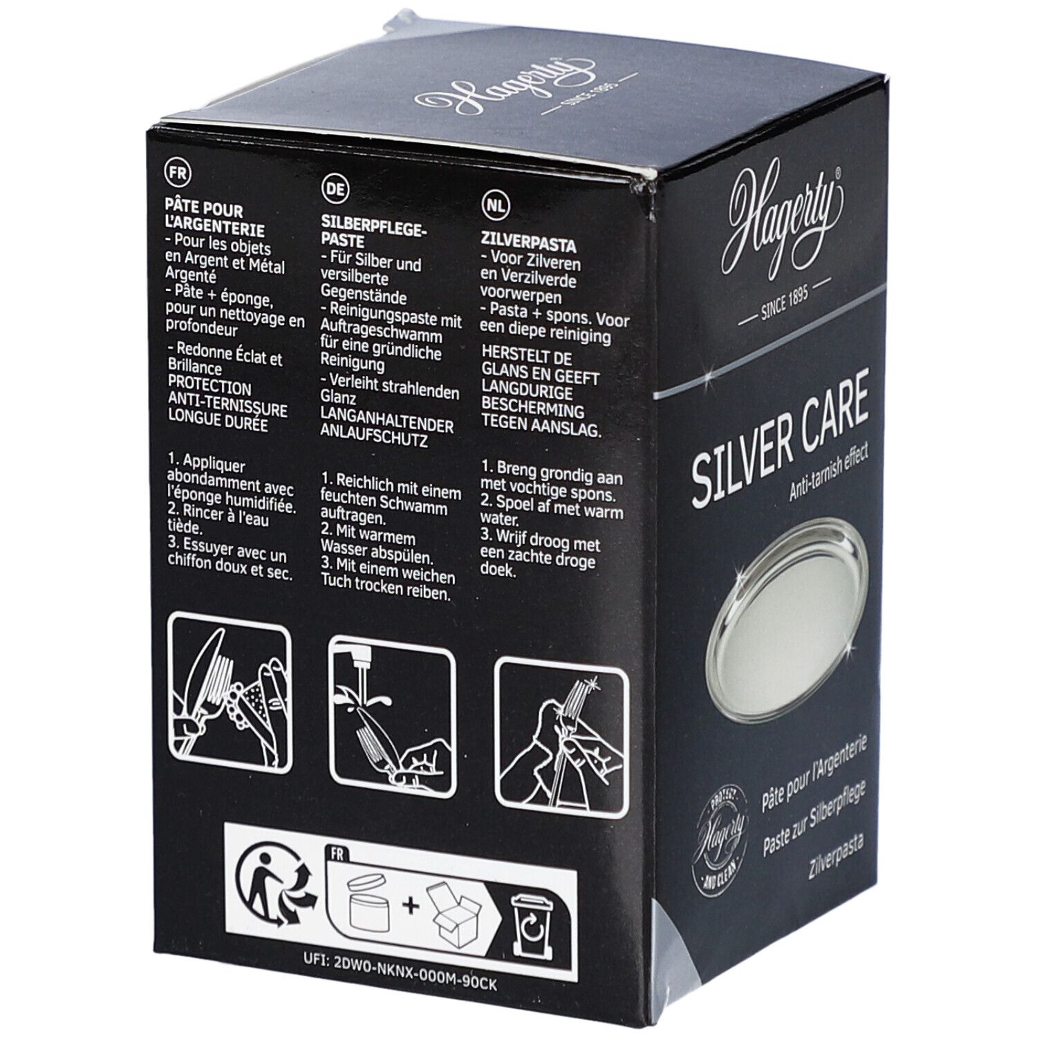 Achterkant van de Hagerty Silver Care doos. Tekst in het Duits, Frans, Nederlands. Toepassingsillustraties. QR-code. Productnaam: Zilverpoets.