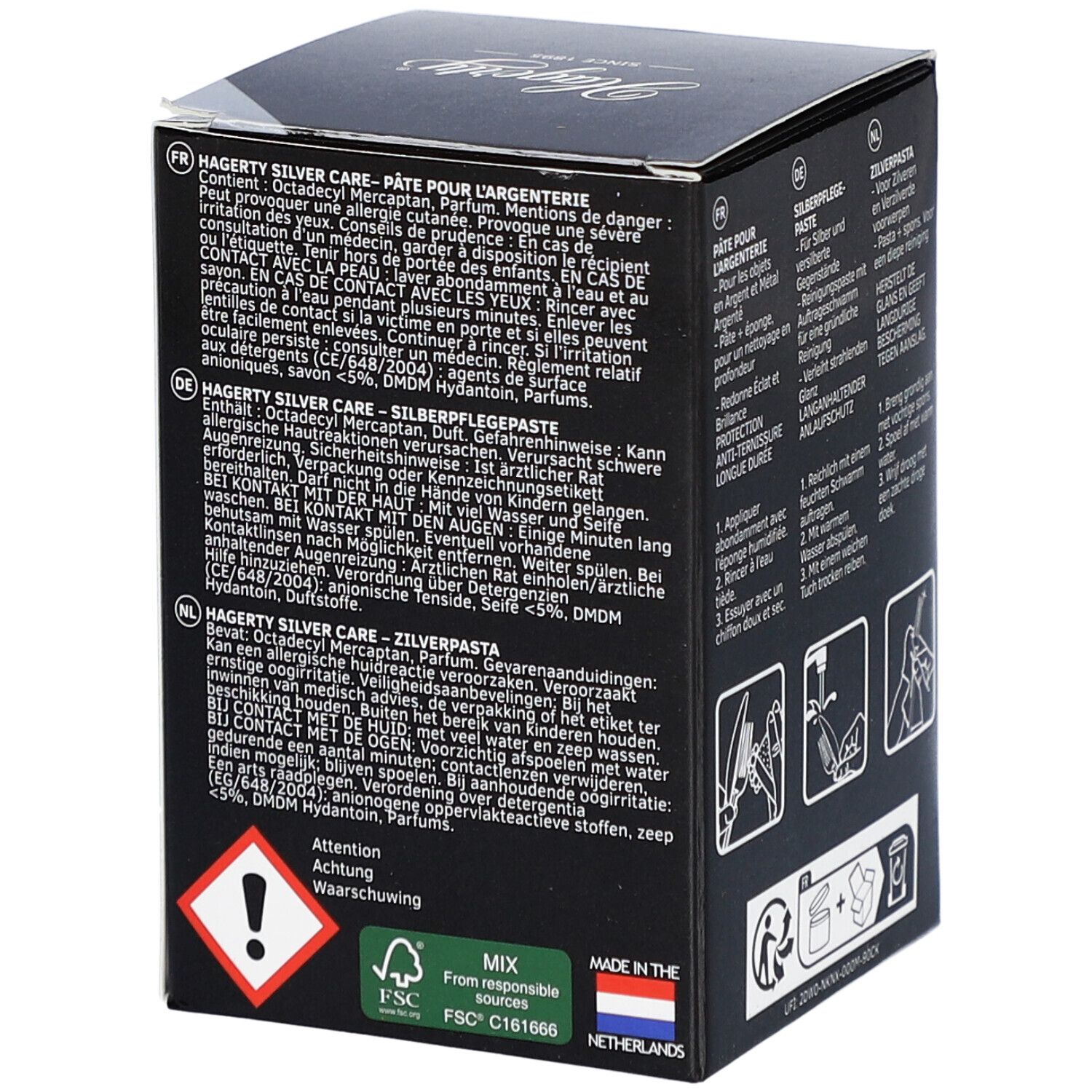 Zijkant van de Hagerty Silver Care doos. Tekst in het Duits, Frans, Nederlands. Waarschuwingen. FSC-logo. Gemaakt in Nederland.