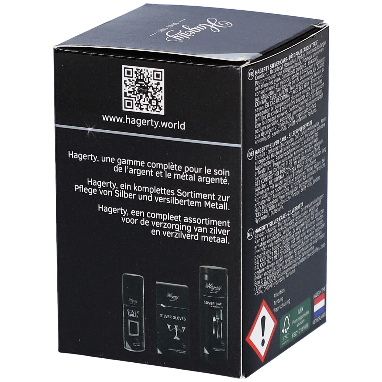 Achterkant van de Hagerty Silver Care doos. Tekst in het Duits, Frans, Nederlands. Afbeeldingen van andere Hagerty producten. Waarschuwingen.