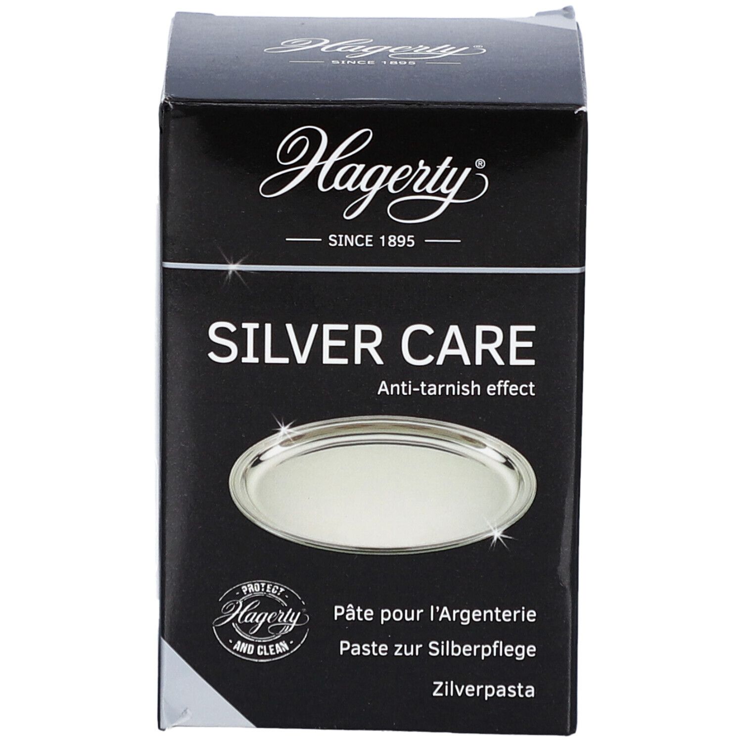 Hagerty Silver Care doos. Tekst: Silver Care, Anti-tarnish effect. Afbeelding van een dienblad. Opschrift: Pâte pour l'argenterie, Paste zur Silberpflege, Zilv.