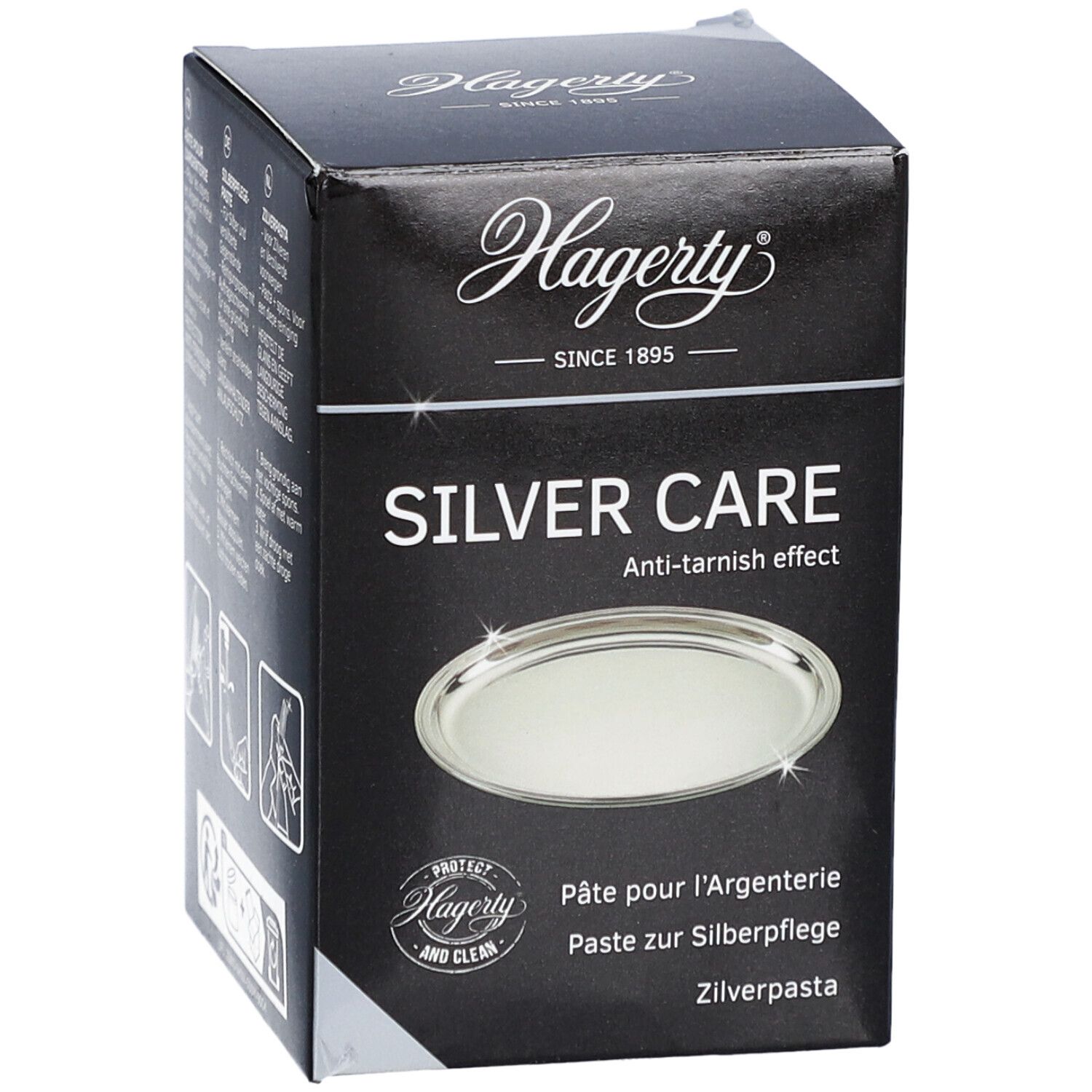 Hagerty Silver Care doos. Tekst: Silver Care, Anti-tarnish effect. Afbeelding van een dienblad. Toepassingsillustraties. Opschrift: Pâte pour l'argenterie.