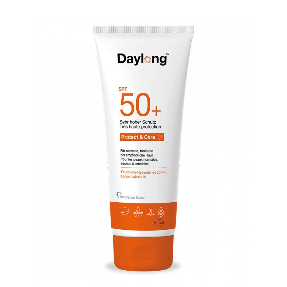 Witte tube met oranje dop. Opschrift Daylong, SPF 50+, Protect & Care. Voor normale, droge huid.