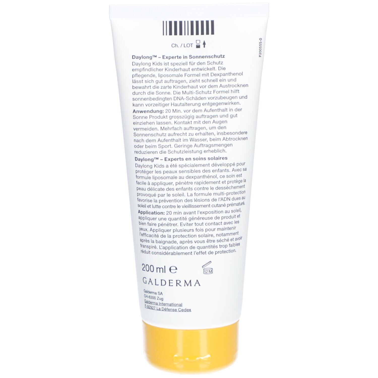 Dos du tube. Texte en allemand et en français. Contient des informations sur l'utilisation et les ingrédients.