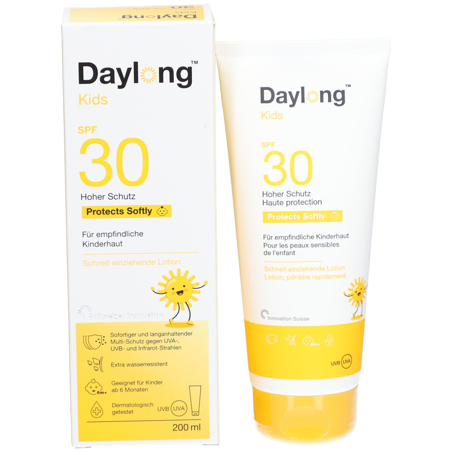 Emballage du produit avec tube et carton. Inscription : Daylong Kids SPF 30. Contient de la crème solaire. Avec illustration d'un soleil.