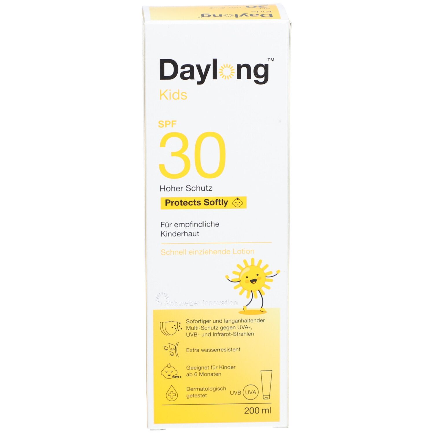 Emballage en carton. Inscription : Daylong Kids SPF 30. Contient de la crème solaire. Avec illustration d'un soleil. 200 ml.