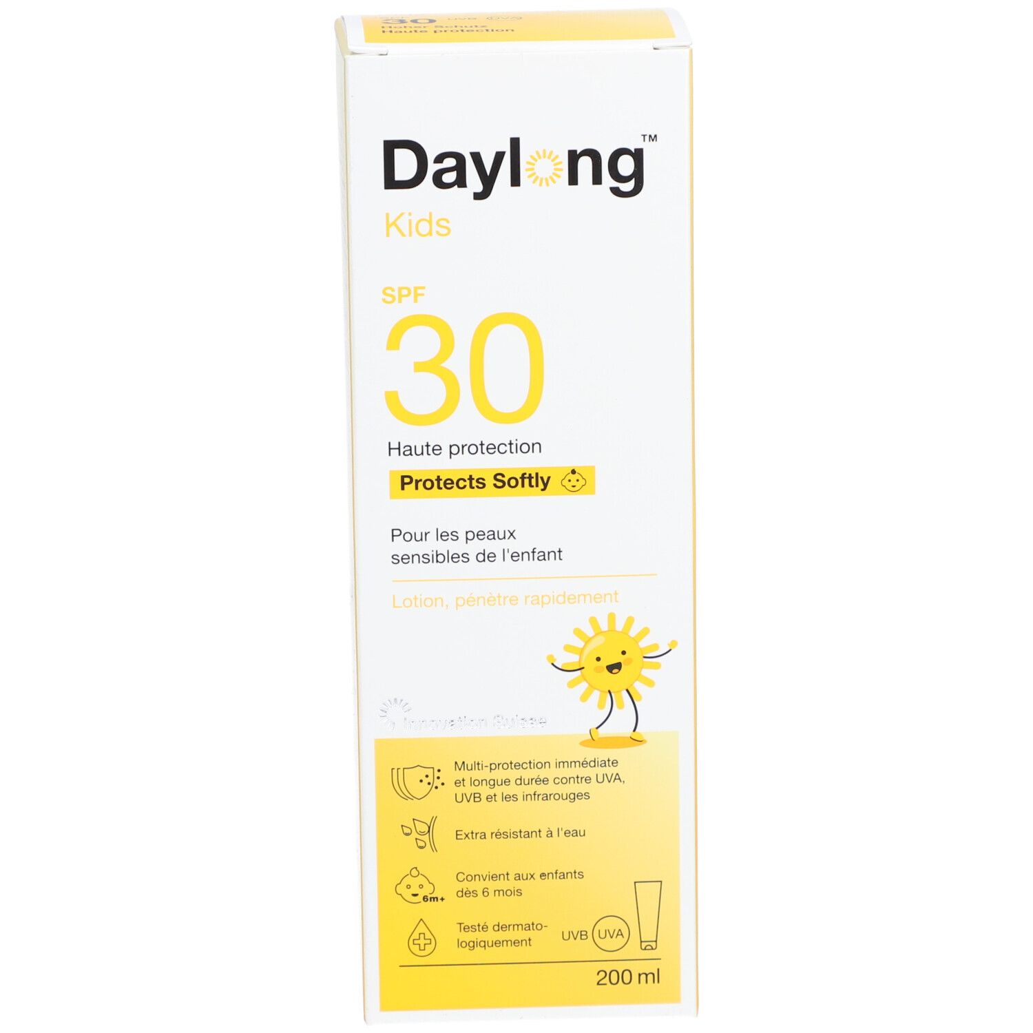 Emballage en carton. Inscription : Daylong Kids SPF 30. Contient de la crème solaire. Avec illustration d'un soleil. 200 ml.