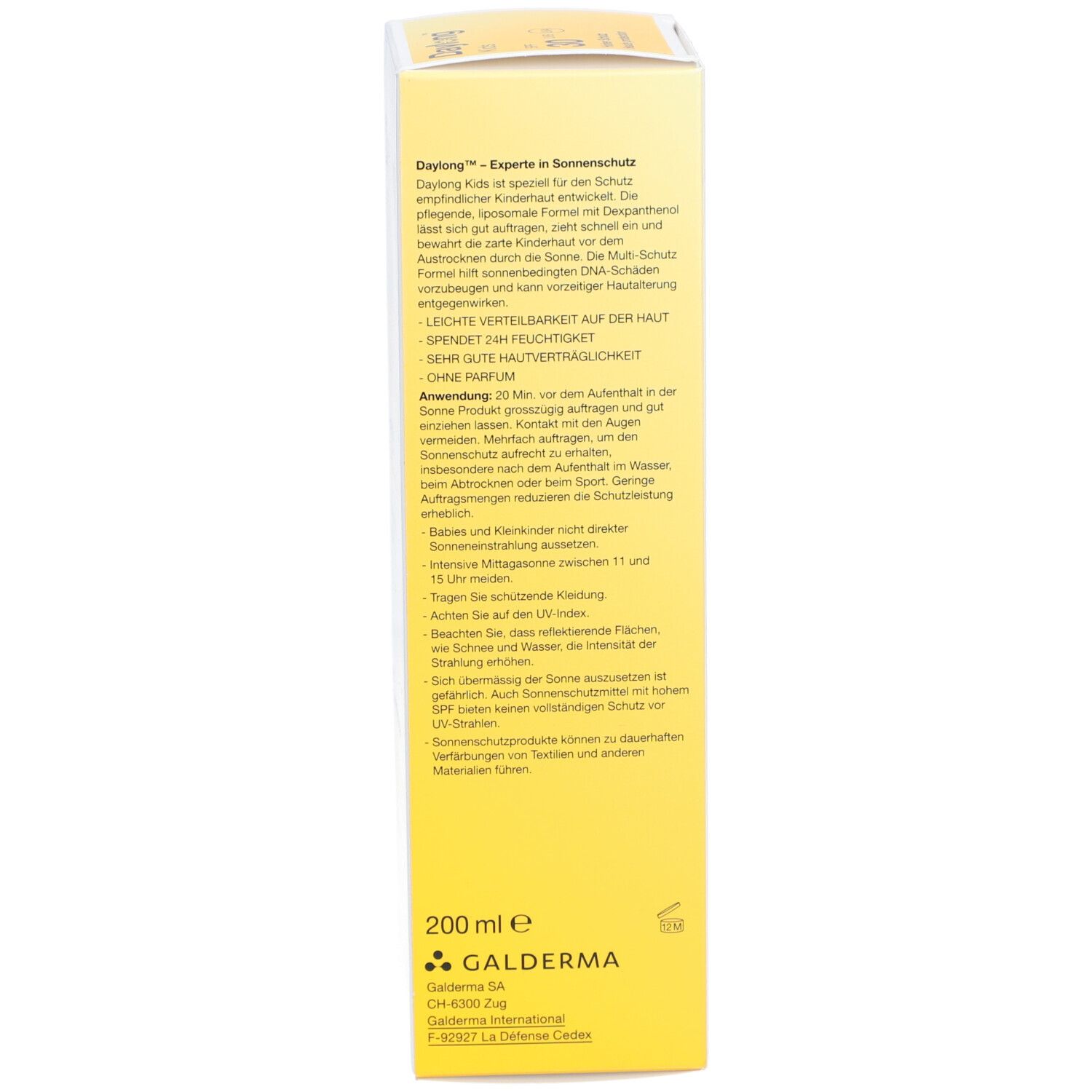 Dos de l'emballage en carton. Texte en allemand. Contient des informations sur l'utilisation et les ingrédients.