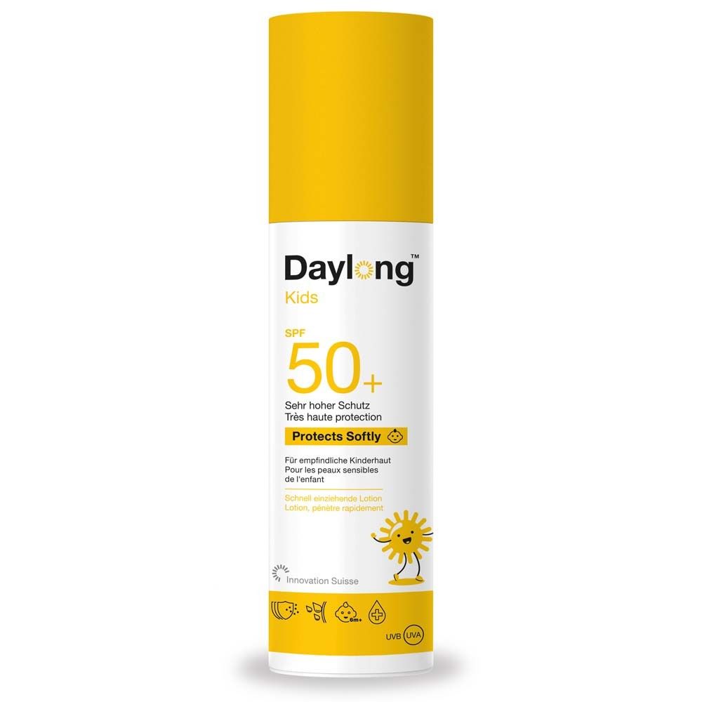Witte fles met gele dop. Opschrift: Daylong Kids SPF 50+. Met zon-illustratie.