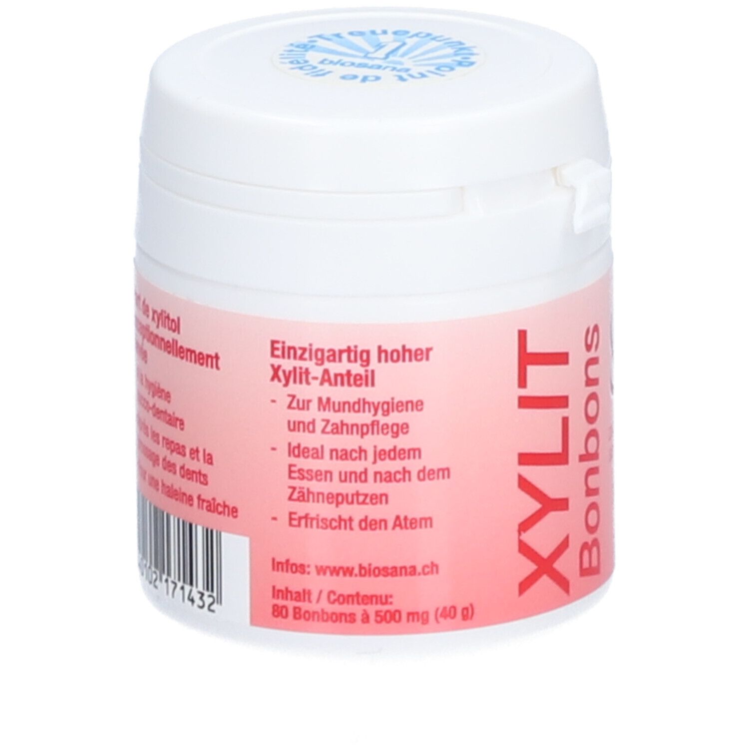 Boîte blanche et rose "XYLIT Bonbons". Texte: "Eizigartig hoher Xylit-Anteil". Code-barres. 80 bonbons.