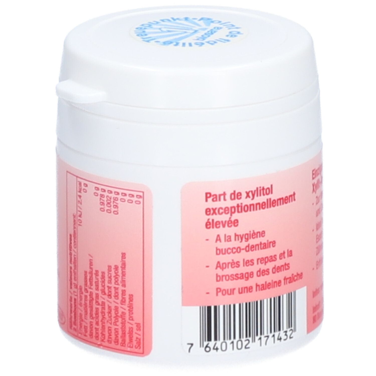Dos de la boîte. Texte: "Part de xylitol exceptionnellement élevée". Code-barres. Informations nutritionnelles.