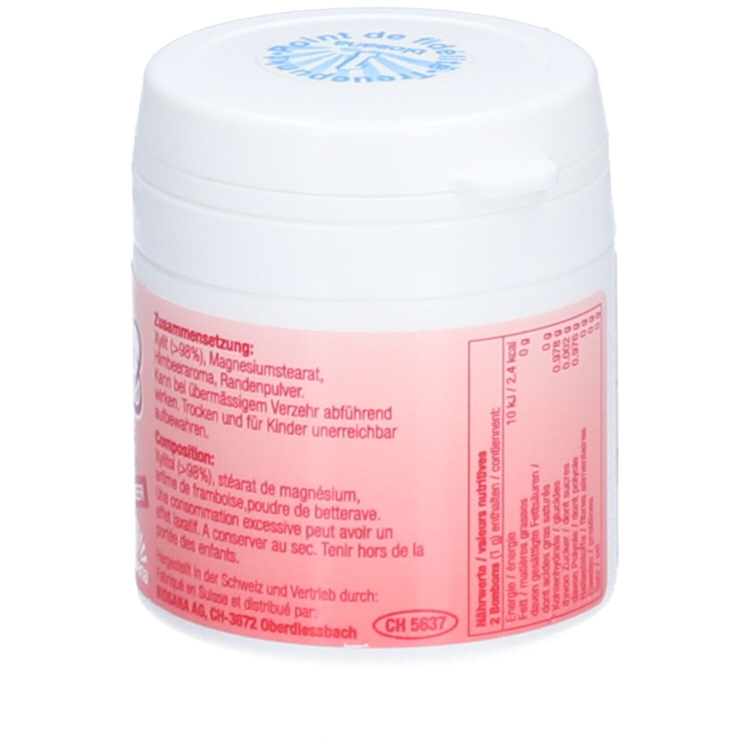 Dos de la boîte. Ingrédients, informations nutritionnelles. CH 5637.