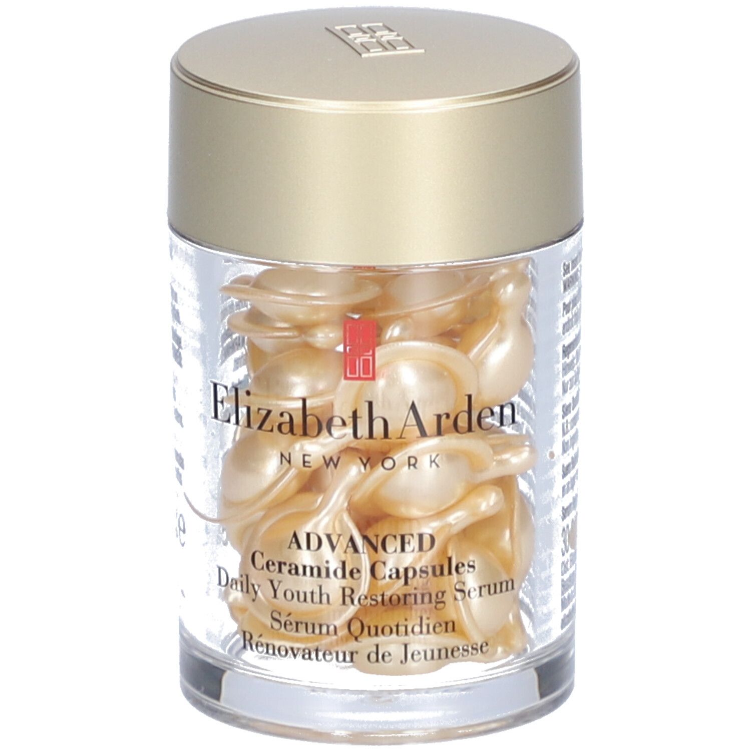 Transparante container met gouden capsules. Elizabeth Arden-logo en productnaam zichtbaar.