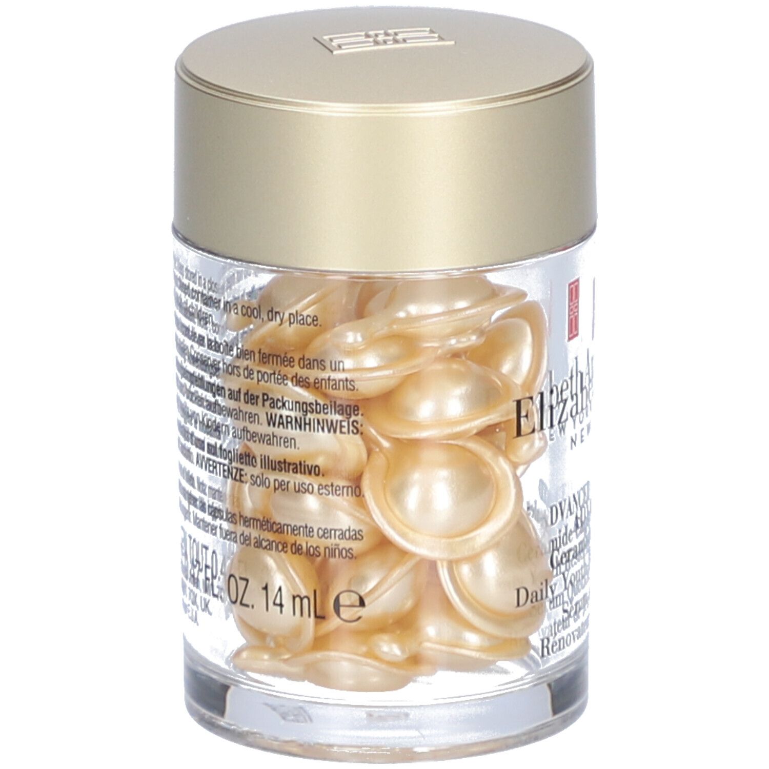 Transparante container met gouden capsules. Tekst op etiket, inclusief 14 ml.