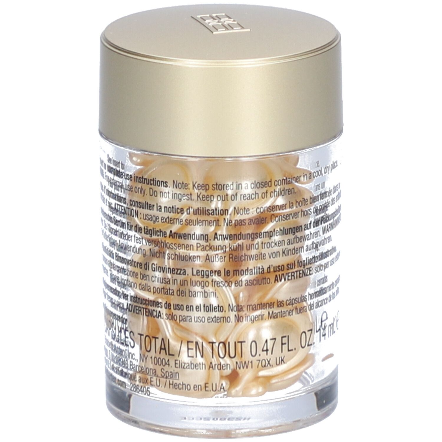 Transparante container met gouden capsules. Tekst op etiket, inclusief 0,47 FL. OZ.