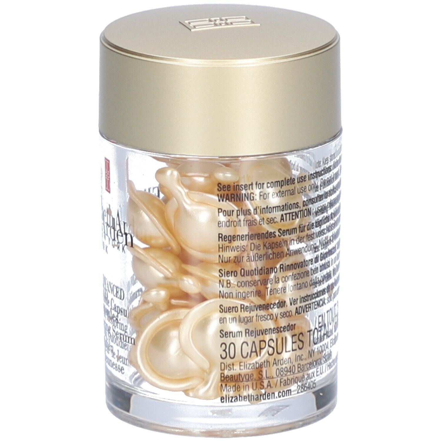 Transparante container met gouden capsules. Opschrift: 30 CAPSULES TOTAAL.