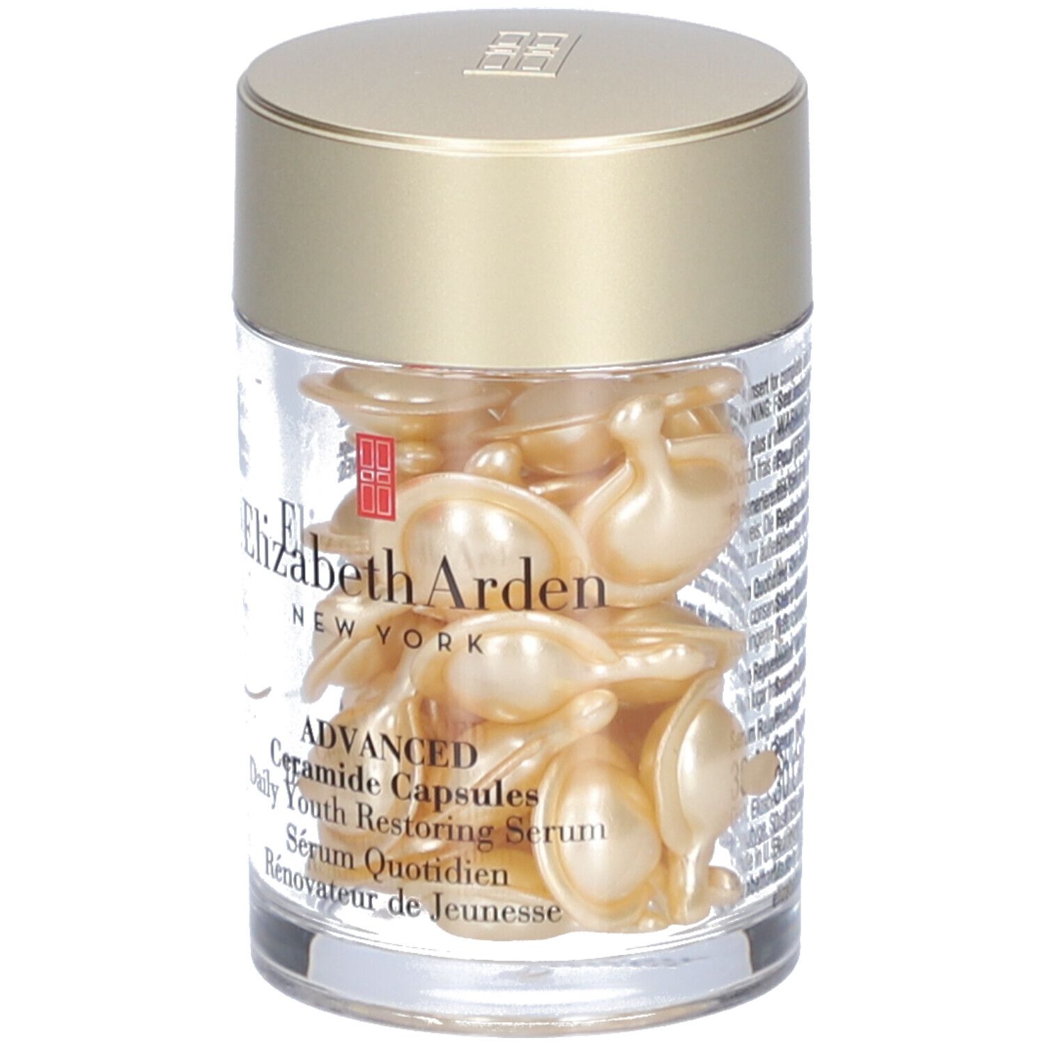 Transparante container met gouden capsules. Elizabeth Arden-logo en productnaam zichtbaar.