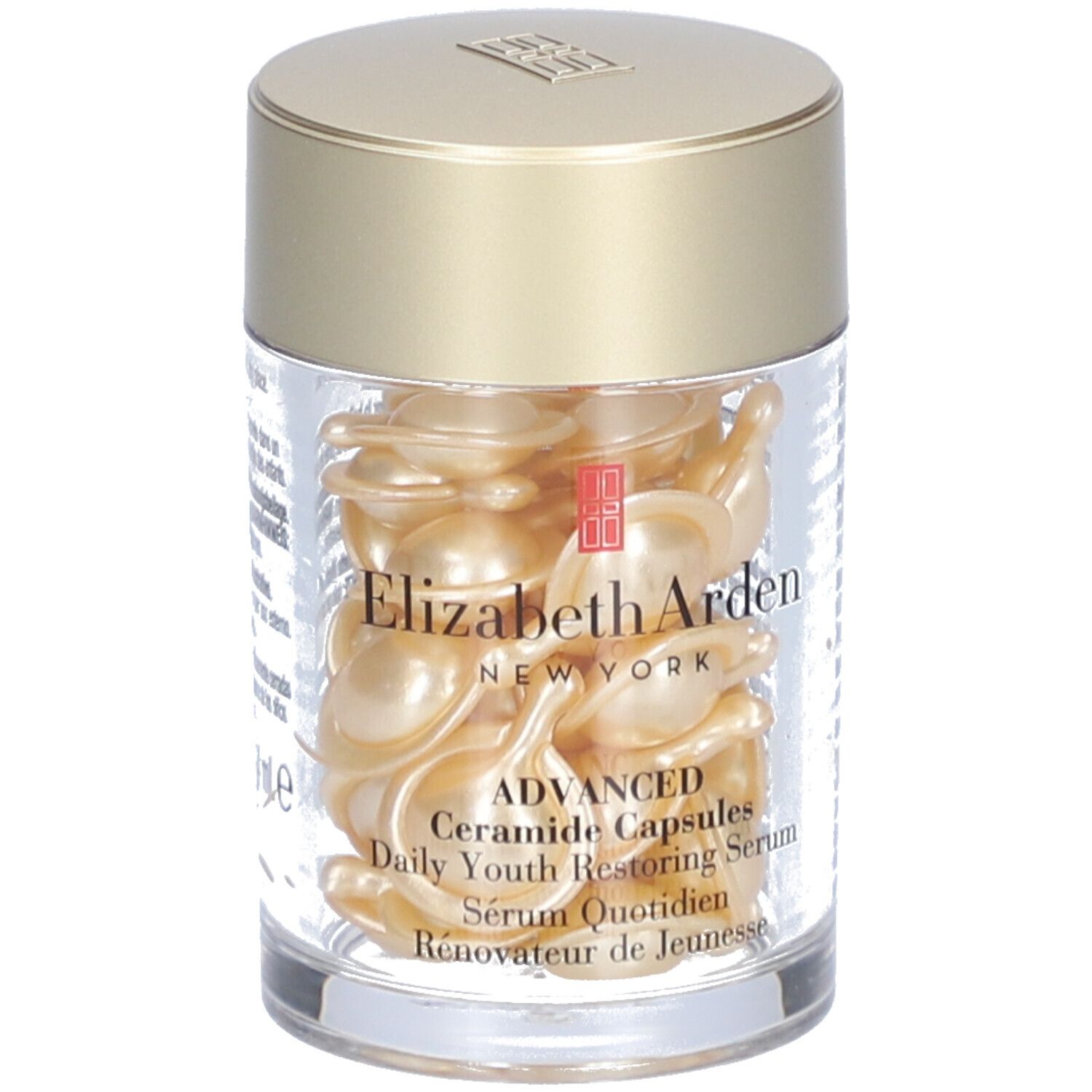Transparante container met gouden capsules. Elizabeth Arden-logo en productnaam zichtbaar.