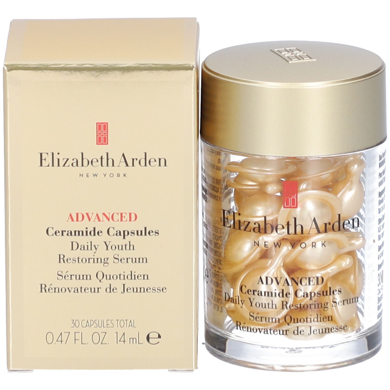 Productverpakking met container en gouden capsules. Elizabeth Arden-logo en productnaam zichtbaar.