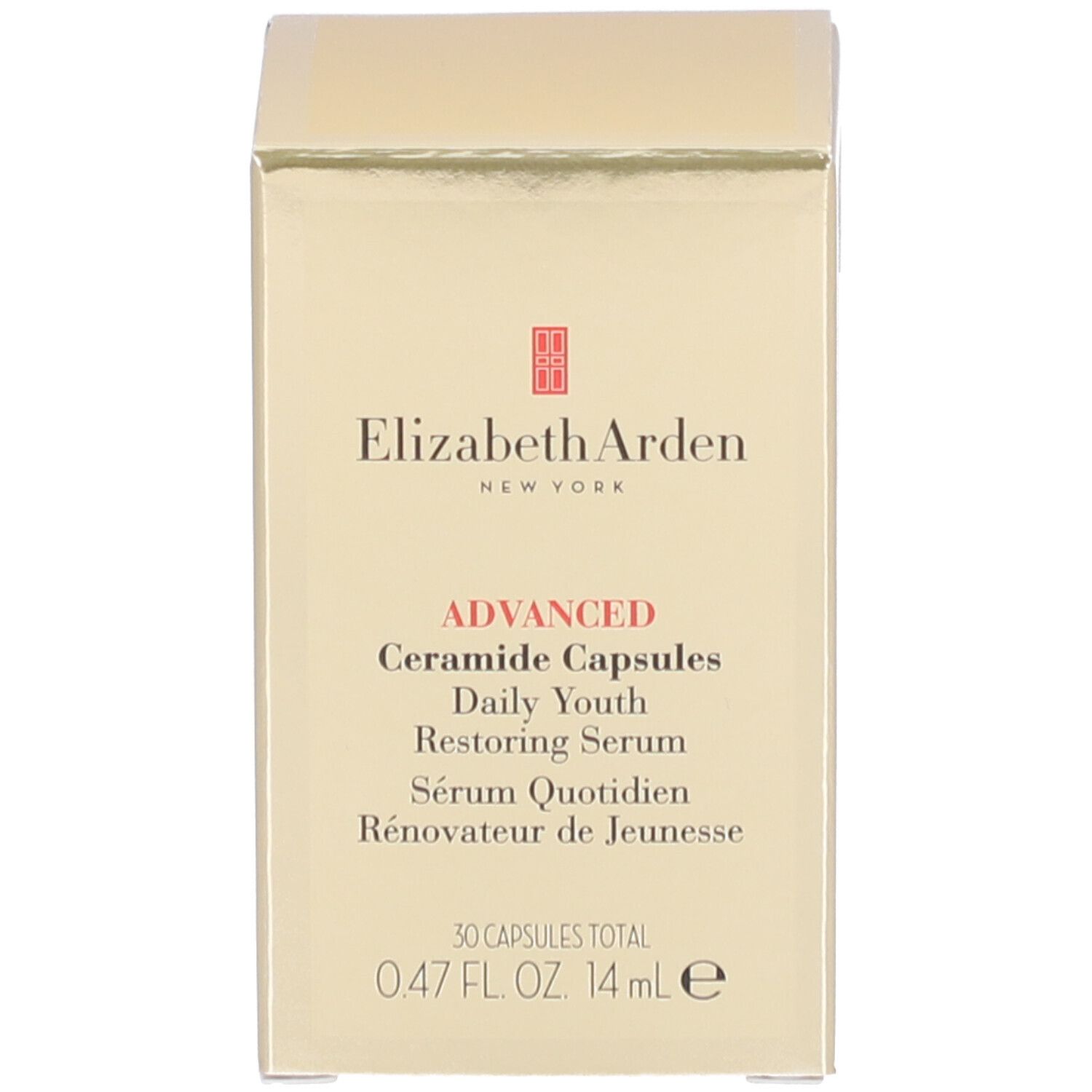 Goudkleurige productverpakking. Elizabeth Arden-logo en productnaam zichtbaar.