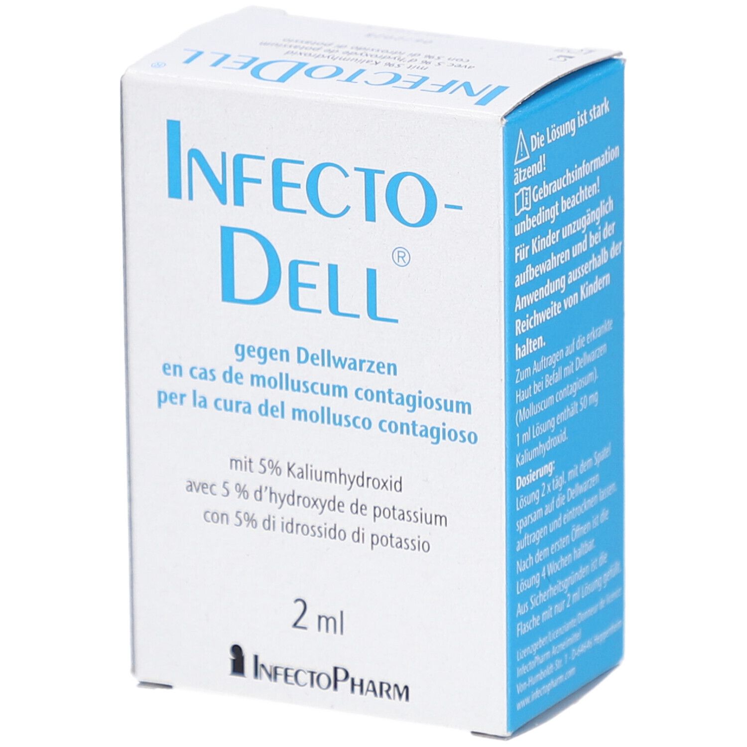 Boîte de Infecto-Dell. Emballage bleu et blanc. Texte en allemand, français et italien. Contenu de 2 ml.
