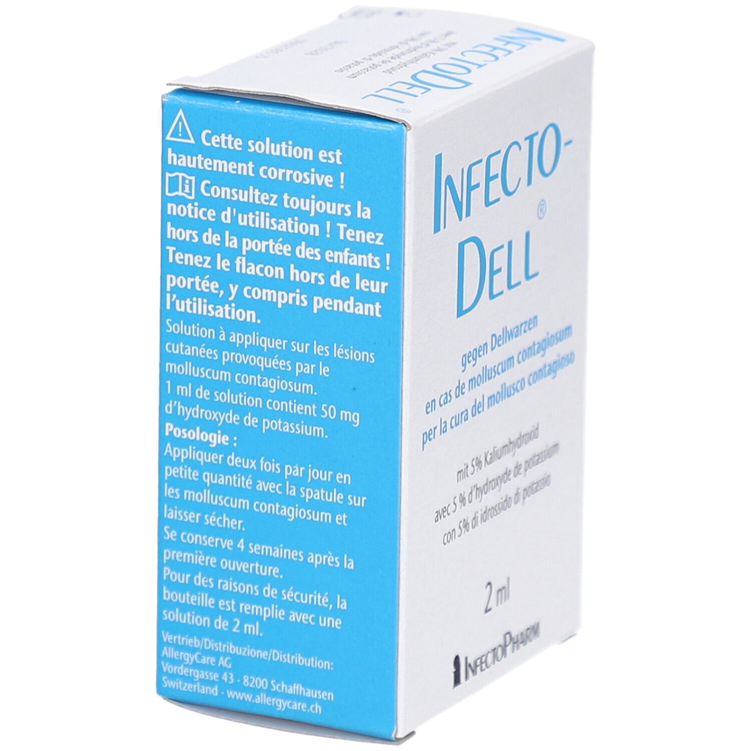 Boîte de Infecto-Dell. Emballage bleu et blanc. Texte en allemand, français et italien. Contenu de 2 ml.