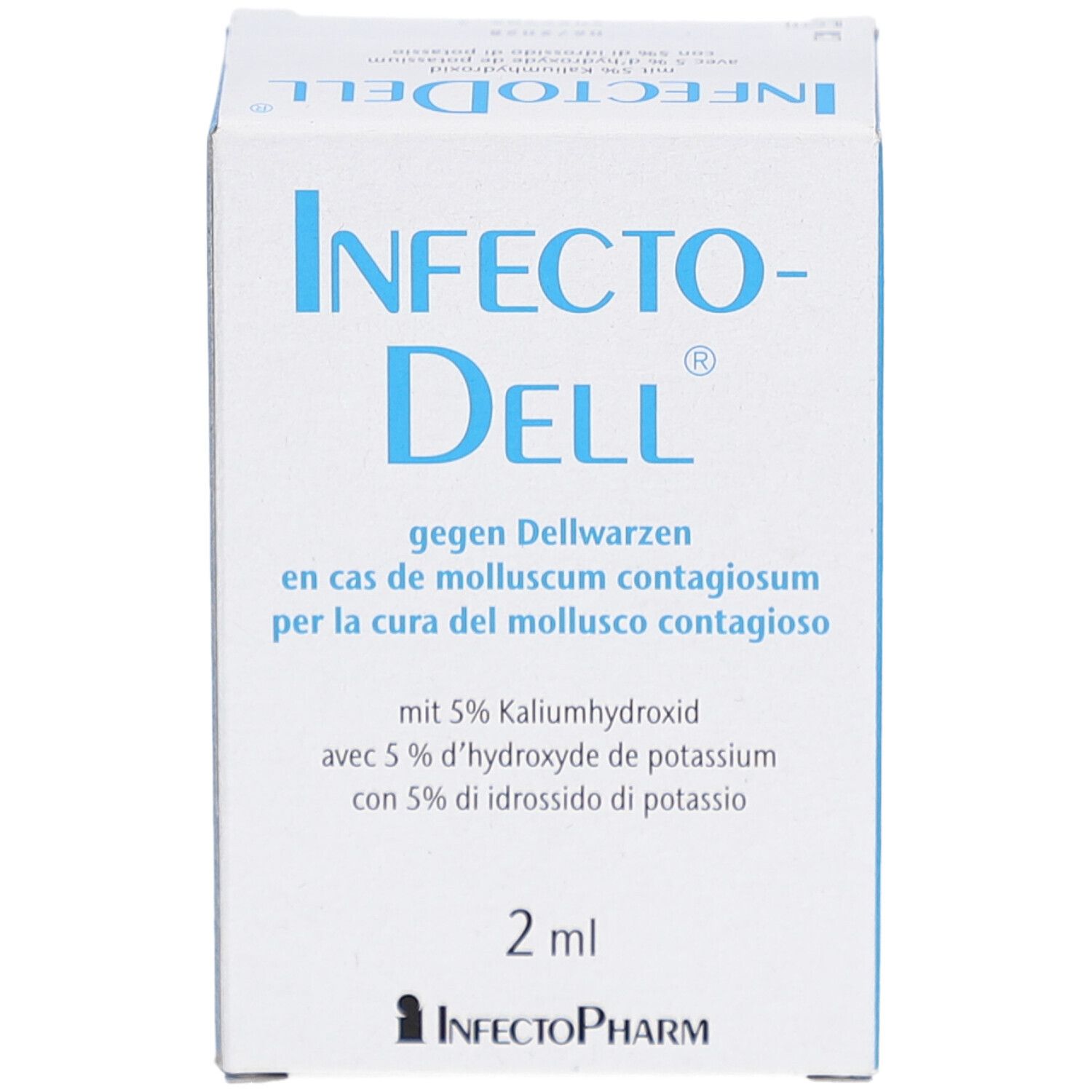 Boîte de Infecto-Dell. Emballage bleu et blanc. Texte en allemand, français et italien. Contenu de 2 ml.