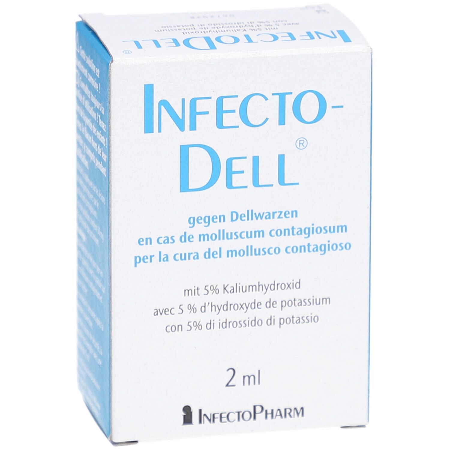 Boîte de Infecto-Dell. Emballage bleu et blanc. Texte en allemand, français et italien. Contenu de 2 ml.