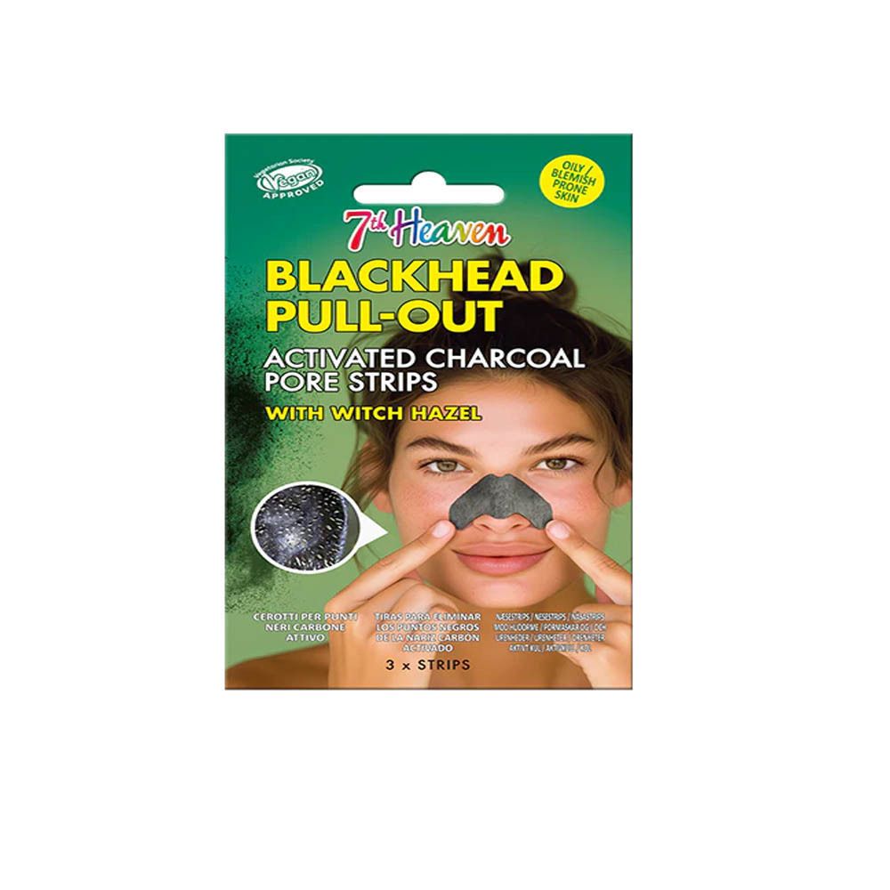 Verpakking met neusstrips. Opschrift: 7th Heaven Blackhead Pull-Out, Activated Charcoal Pore Strips. Vrouw met strip op neus.