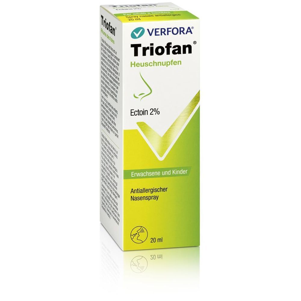 Verpakking van TrioFan hooikoorts neusspray. Productinformatie en logo.