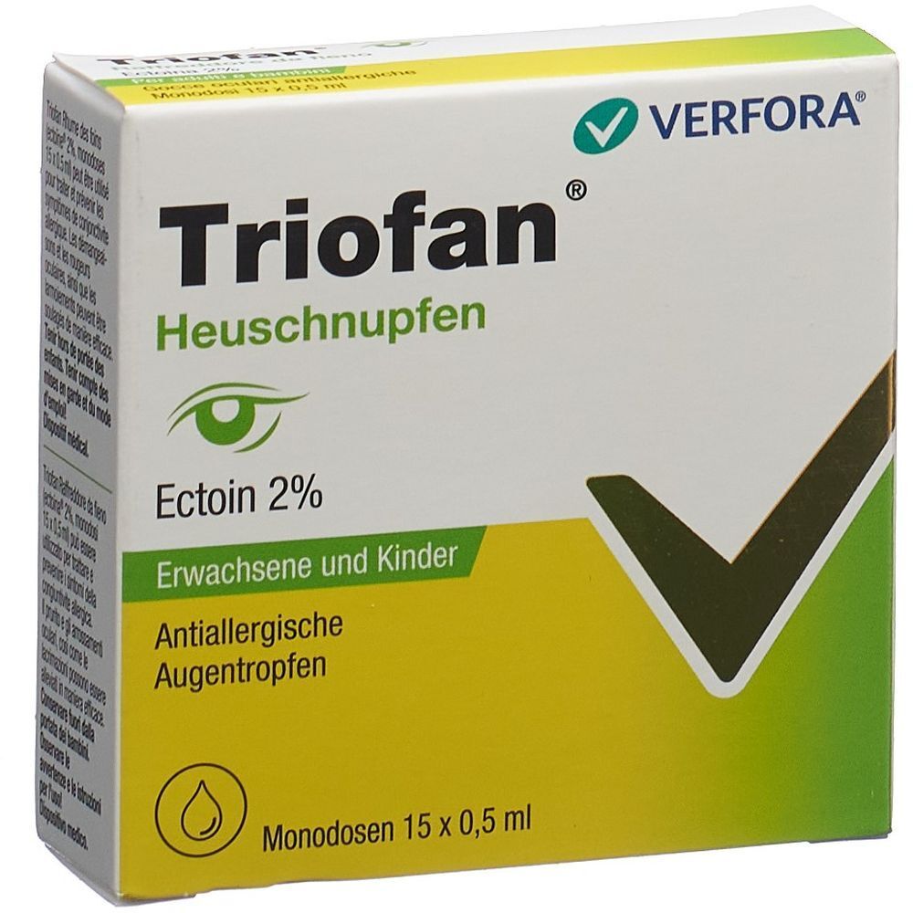 Verpakking TrioFan hooikoorts oogdruppels. Bevat 15 monodoses. Ectoïne 2%. Voor volwassenen en kinderen. Antiallergische oogdruppels.