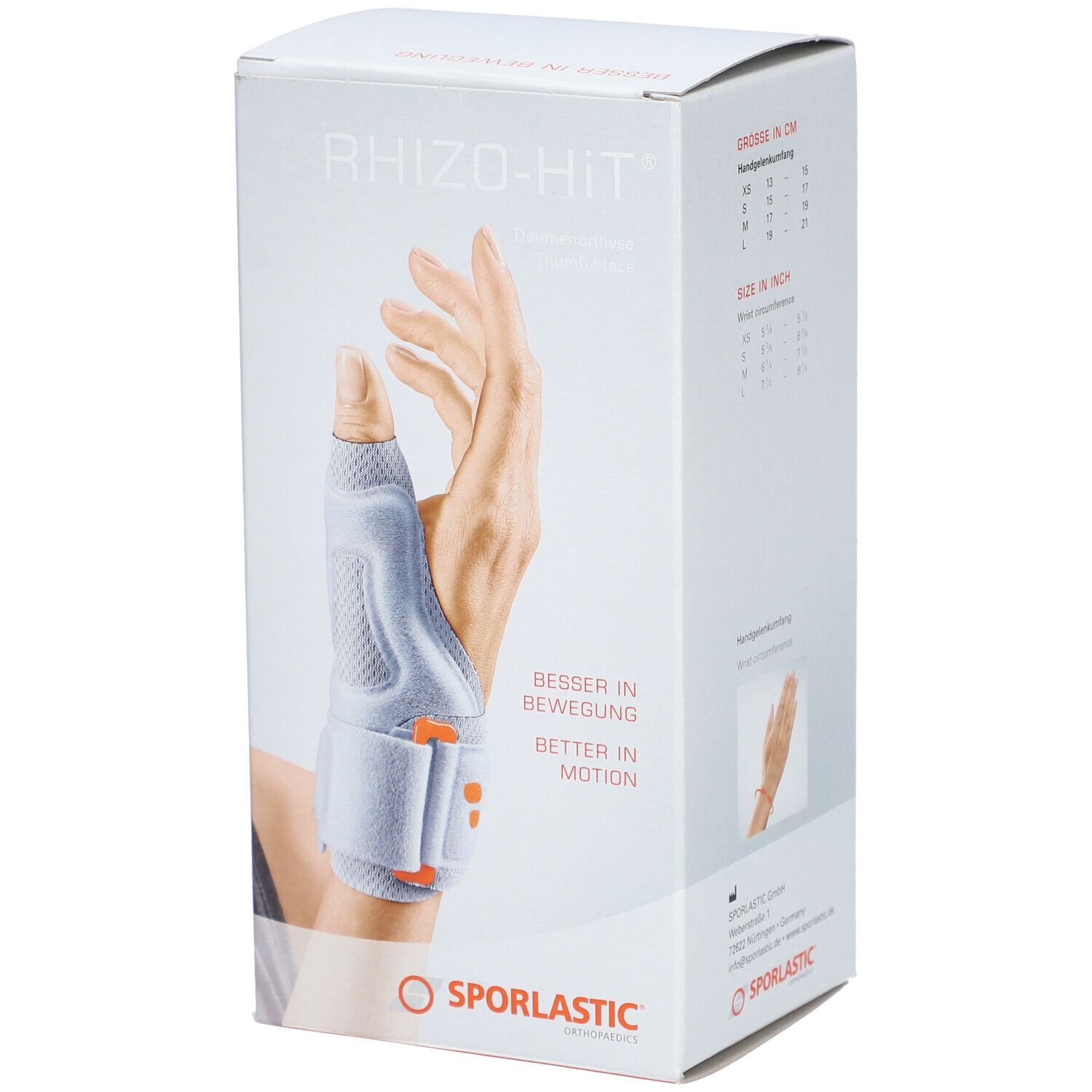 Productverpakking van SPORLASTIC Rhizo-Hit. Opdruk: Rhizo-Hit, hand met duimorthese. Kleuren: wit, grijs, oranje. Tekst: Besser in Bewegung, Better in Motion.