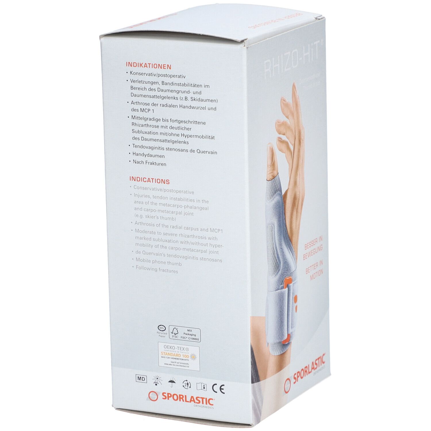 Productverpakking van SPORLASTIC Rhizo-Hit. Achterkant met indicaties en tekst. Logo: SPORLASTIC. Certificeringen: CE, MD. Kleuren: wit, grijs, oranje.