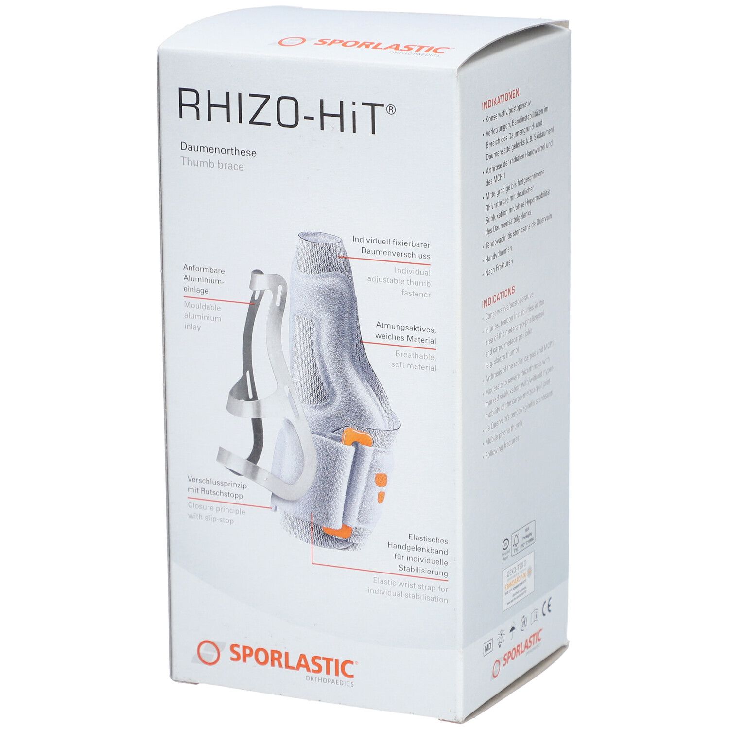 Productverpakking van SPORLASTIC Rhizo-Hit. Explosietekening van de duimorthese. Tekst en pijlen tonen componenten. Logo: SPORLASTIC. Kleuren: wit, grijs, oranje.