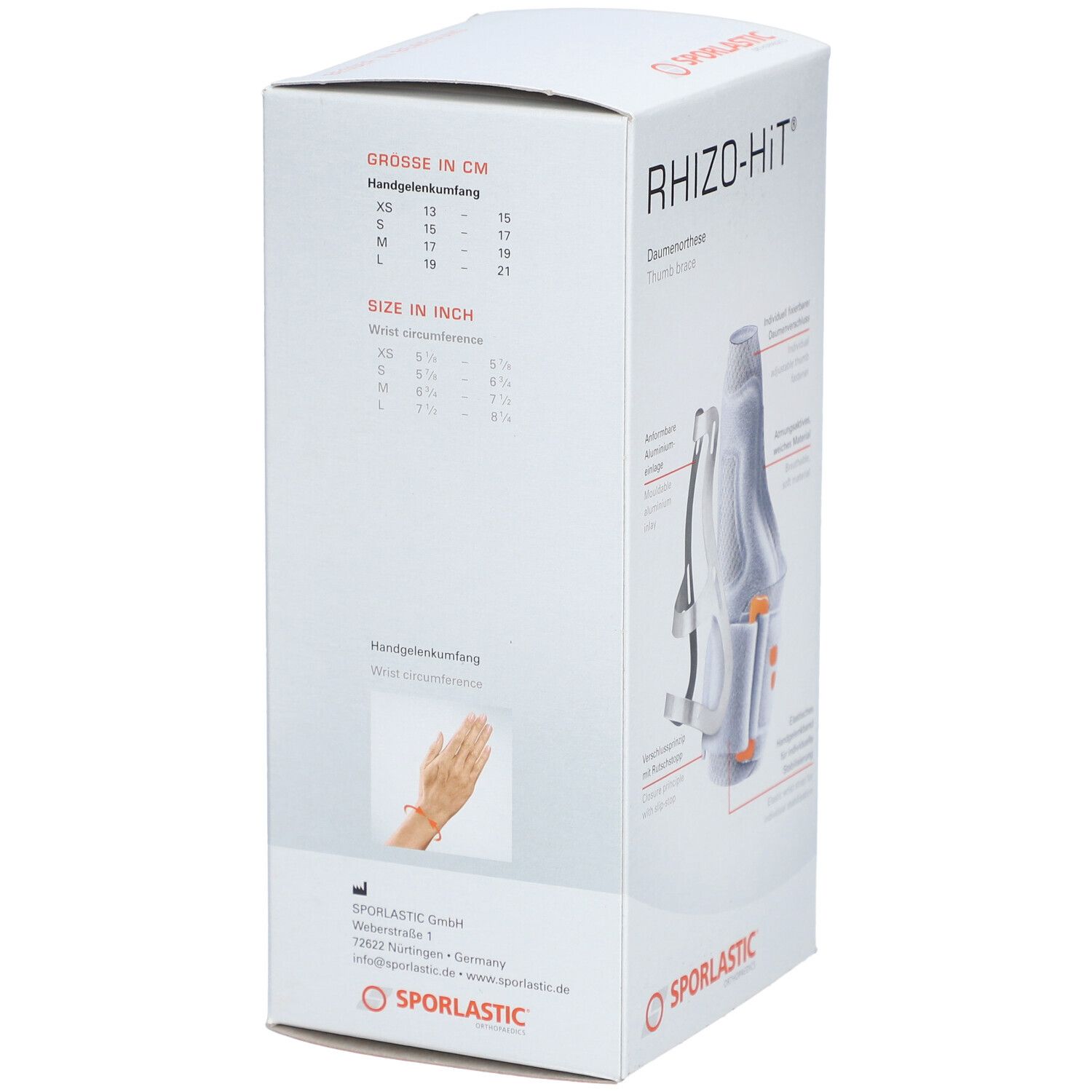 Productverpakking van SPORLASTIC Rhizo-Hit. Zijkant met maten in cm en inches. Logo: SPORLASTIC. Kleuren: wit, grijs, oranje. Diagram van de polsomtrek.