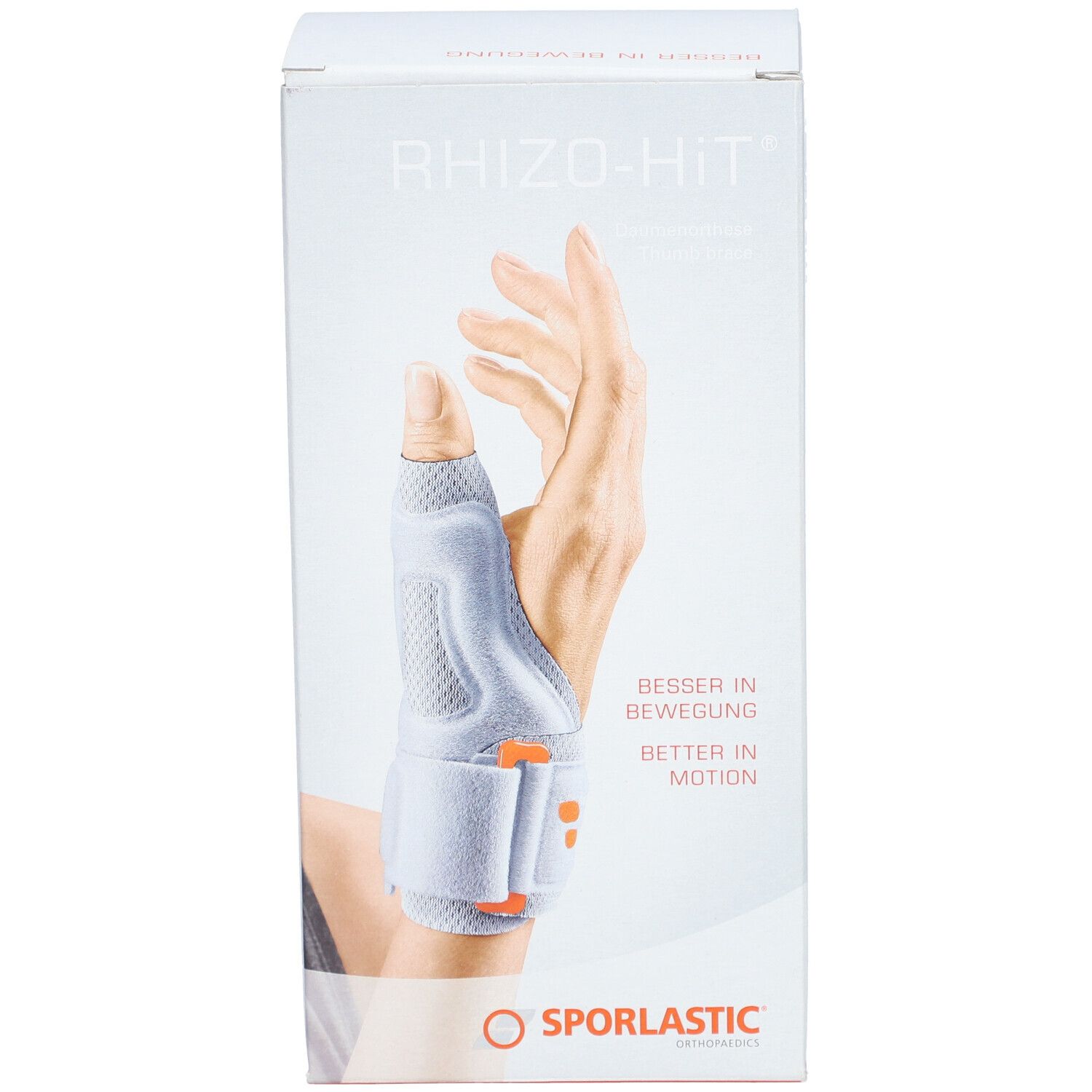 Productverpakking van SPORLASTIC Rhizo-Hit. Vooraanzicht: hand met duimorthese. Tekst: Besser in Bewegung, Better in Motion. Logo: SPORLASTIC. Kleuren: wit, grijs, oranje.