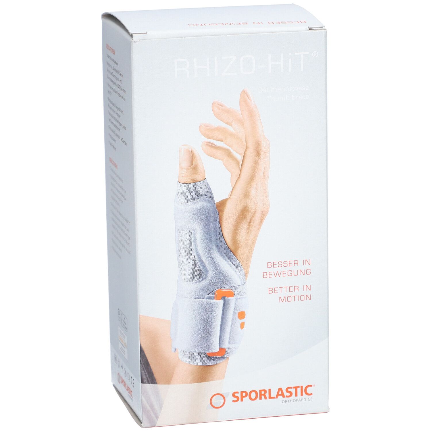 Productverpakking van SPORLASTIC Rhizo-Hit. Vooraanzicht: hand met duimorthese. Tekst: Besser in Bewegung, Better in Motion. Logo: SPORLASTIC. Kleuren: wit, grijs, oranje.
