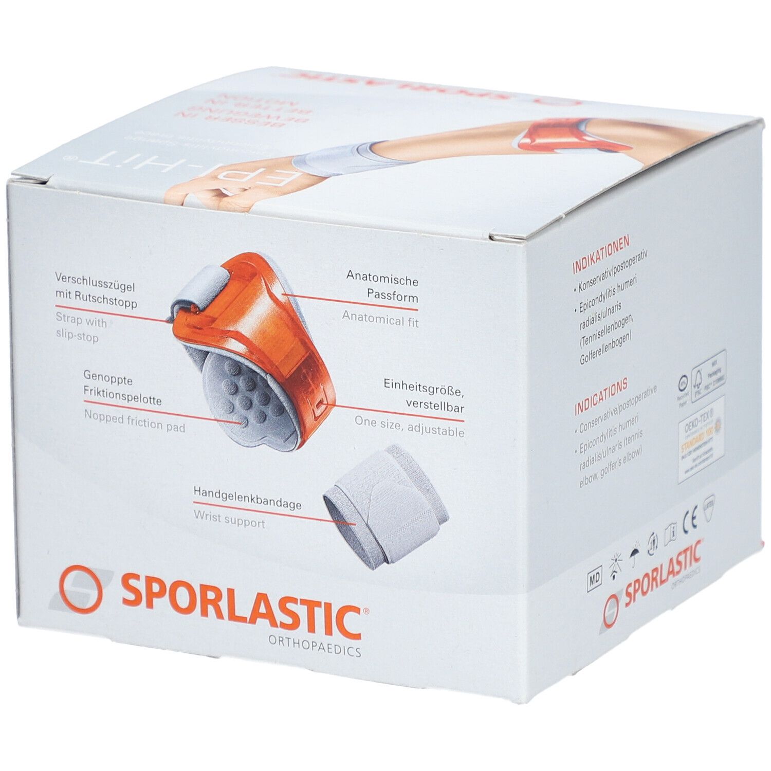 Productverpakking met afbeeldingen van de Epi-Hit bandage. Oranje bandage met witte polsband. Tekst: SPORLASTIC.