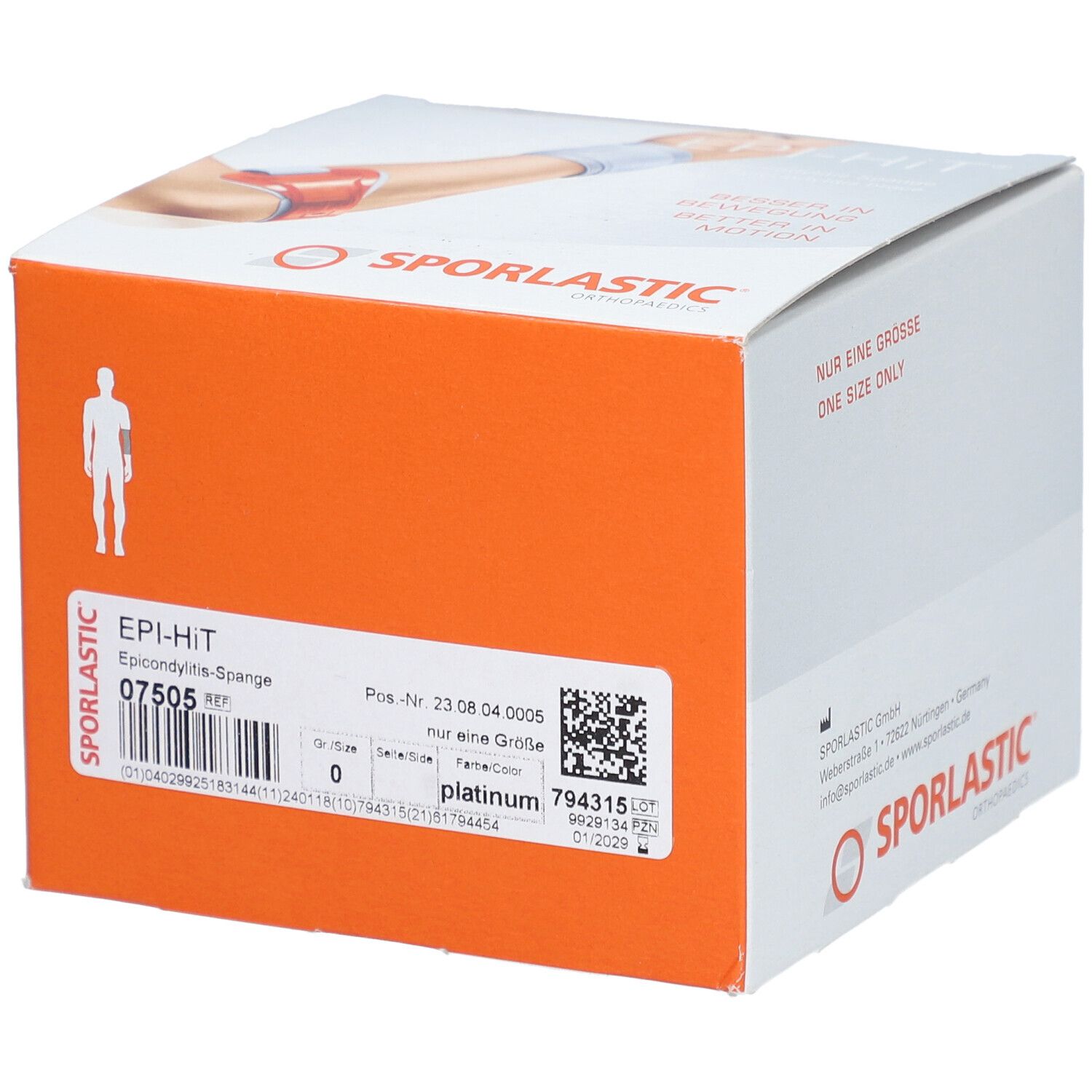 Productverpakking met Epi-Hit bandage. Oranje verpakking met tekst: EPI-HIT, SPORLASTIC. Barcode en maatindicatie.