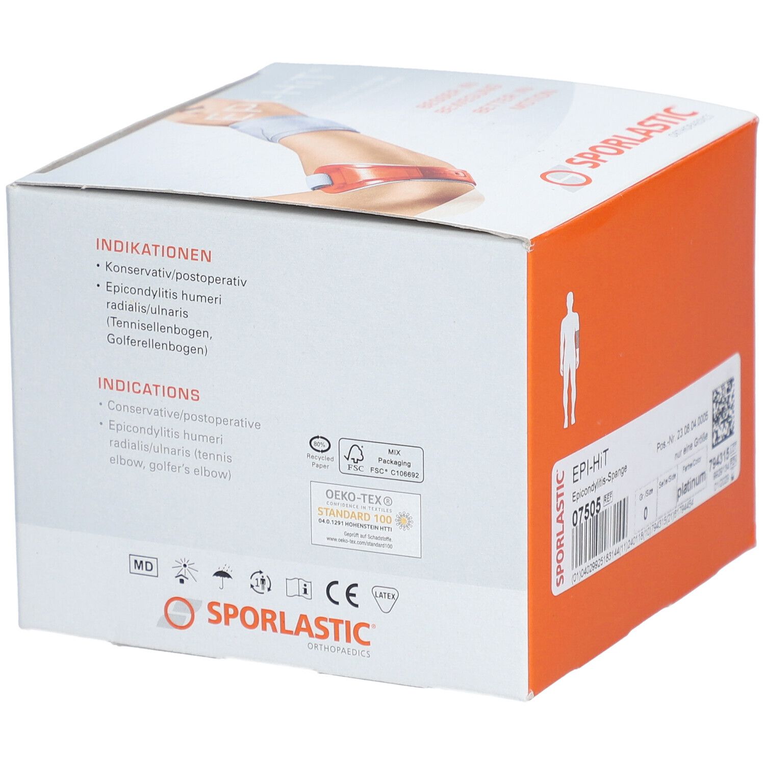 Productverpakking met Epi-Hit bandage. Oranje verpakking met tekst: EPI-HIT, SPORLASTIC. Indicaties en certificeringen.