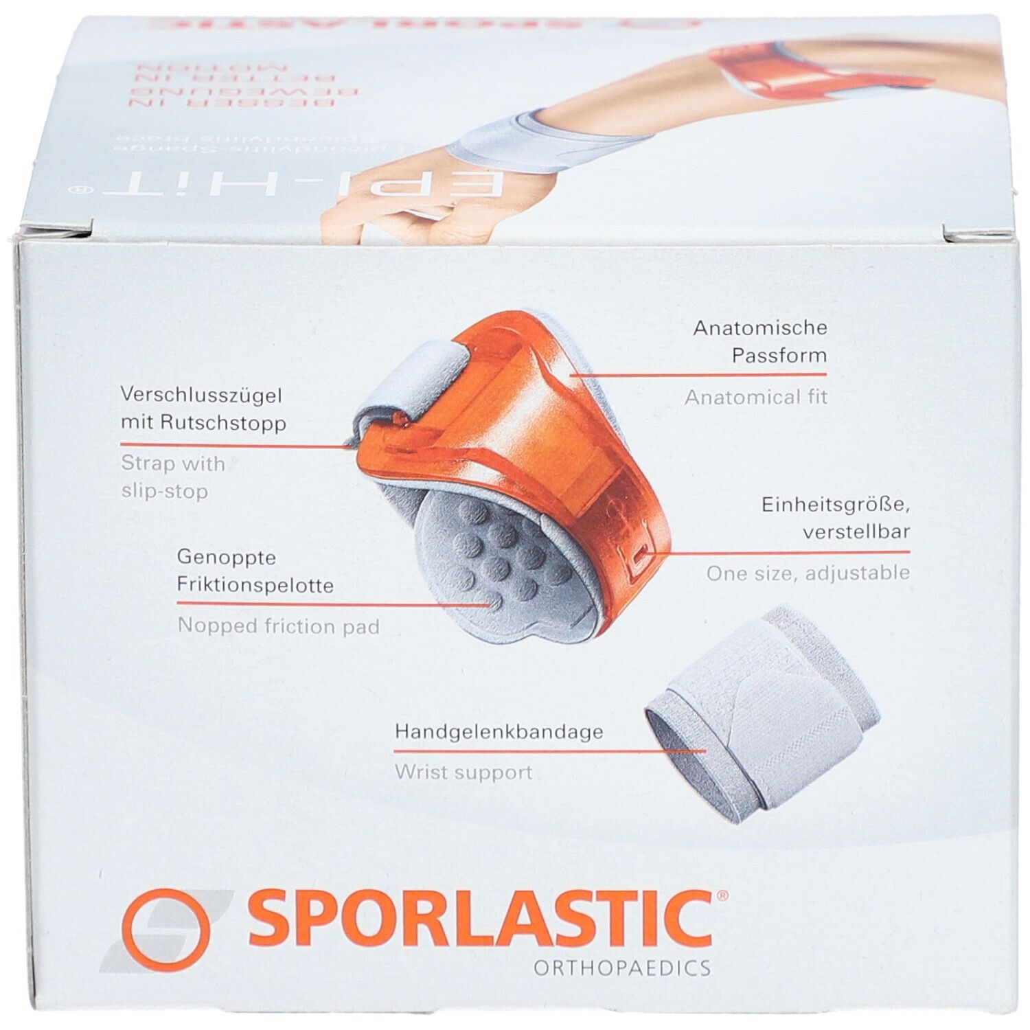 Productverpakking met afbeeldingen van de Epi-Hit bandage. Oranje bandage met witte polsband. Tekst: SPORLASTIC.