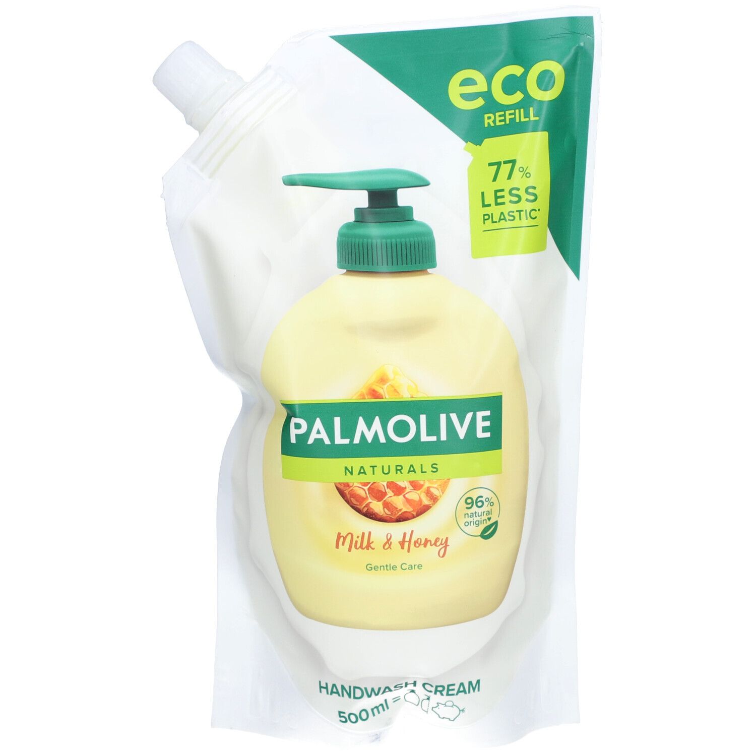Navulverpakking Palmolive Naturals. Groen-wit etiket met productnaam, honingafbeelding en 96% natuurlijke oorsprong.