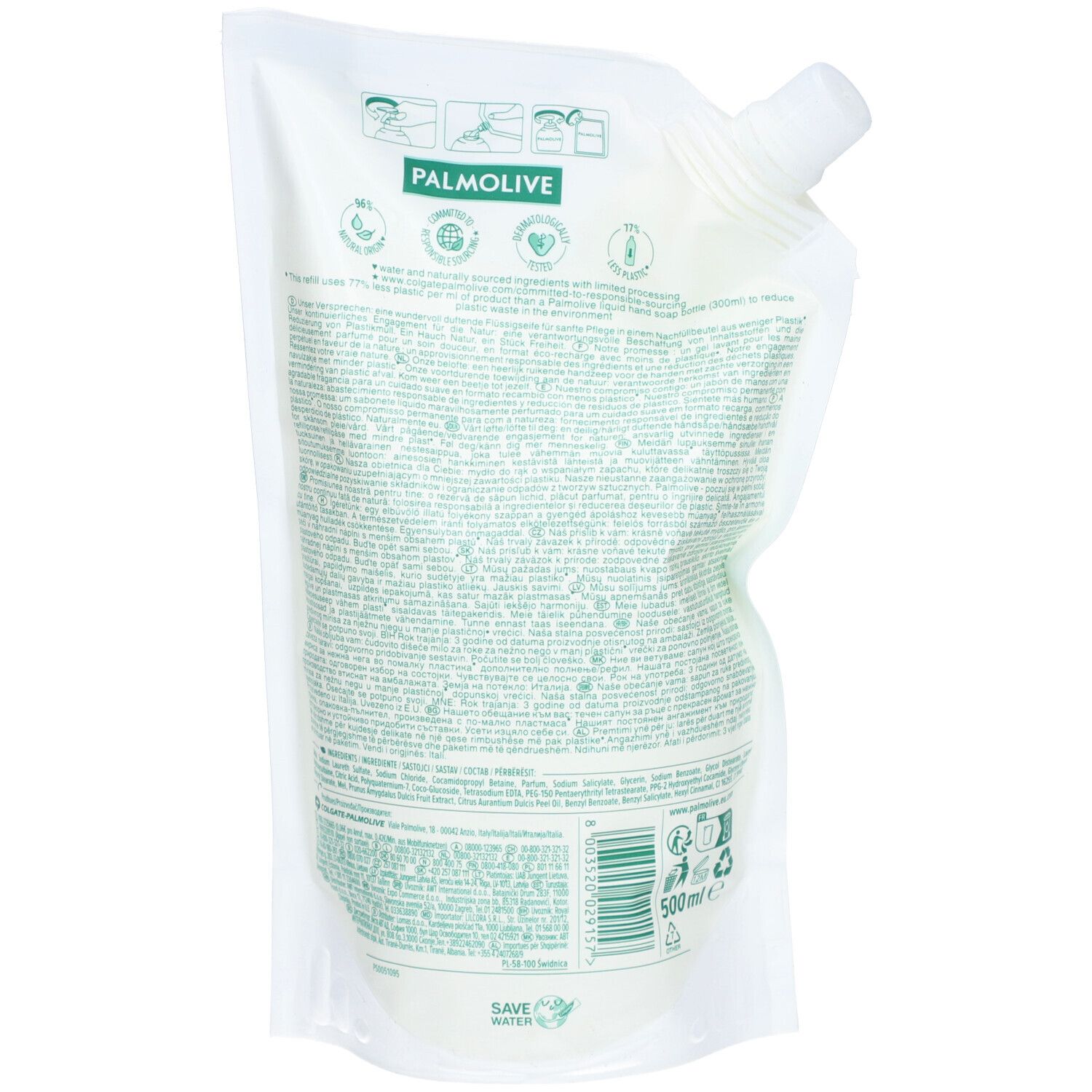 Achterkant van de Palmolive Naturals navulverpakking. Tekst, groene logo's en recycling symbolen op witte achtergrond.