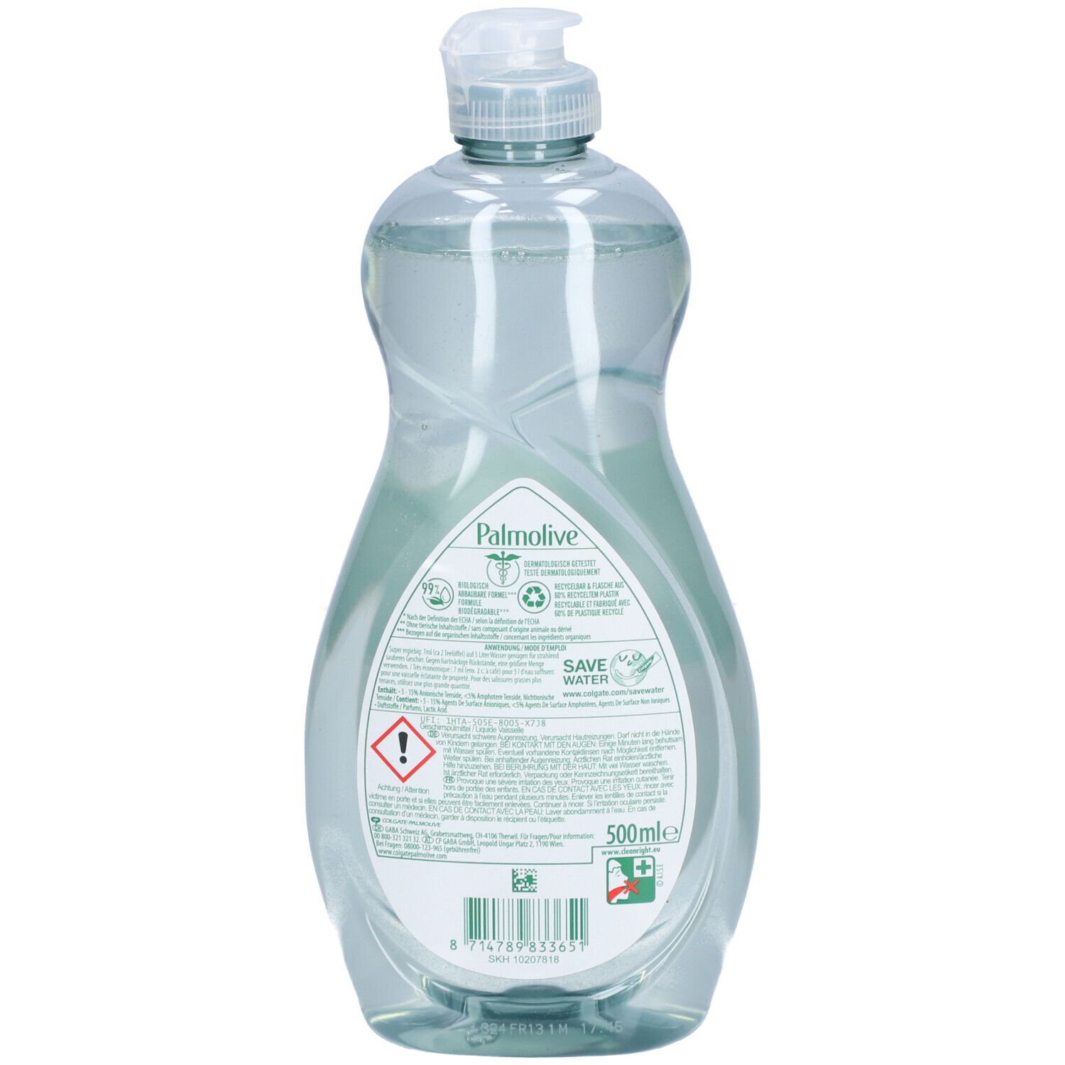 Achterkant van de afwasmiddelfles. Etiket met informatie, ingrediënten en recycling symbolen. 500ml.