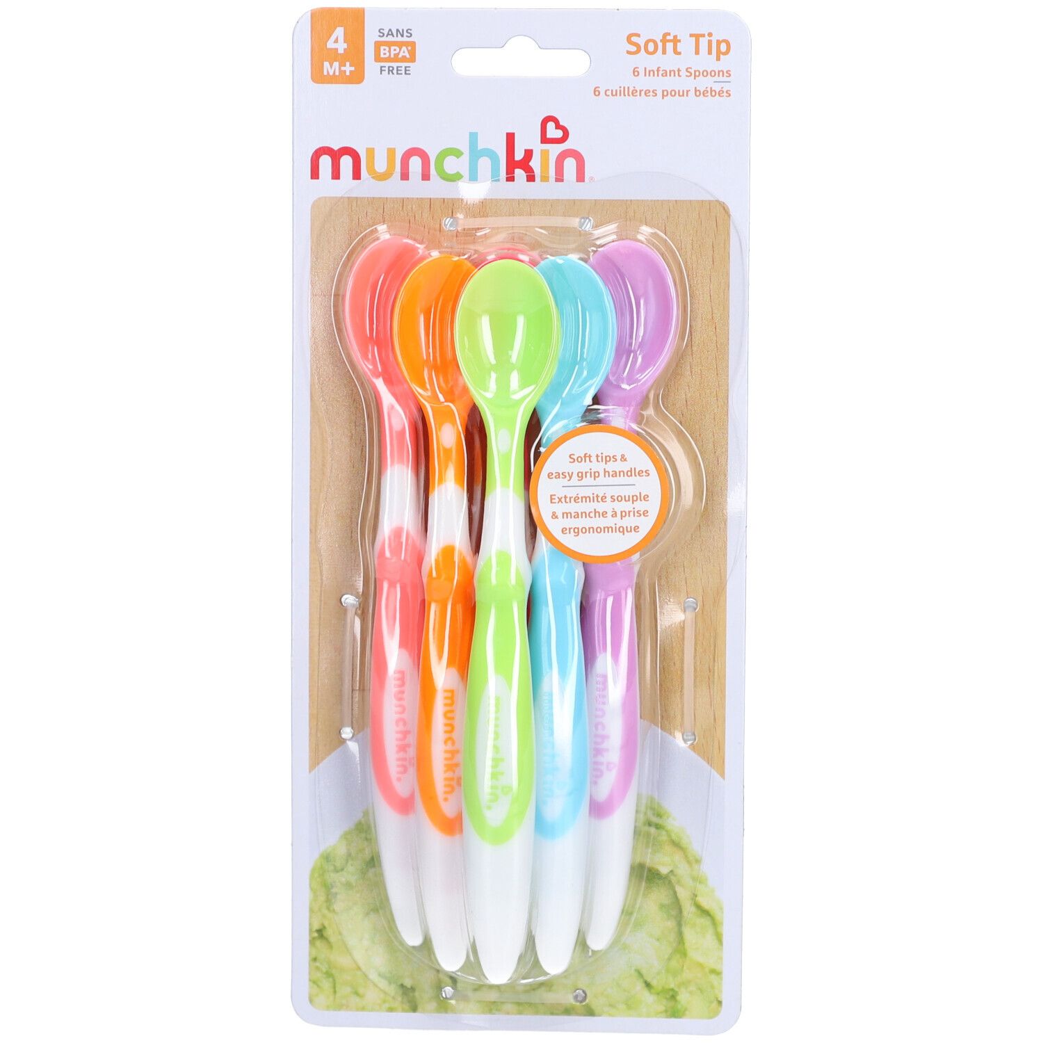6 gekleurde babylepels met zachte punt en lange steel in verpakking. Merk: Munchkin. BPA-vrij.