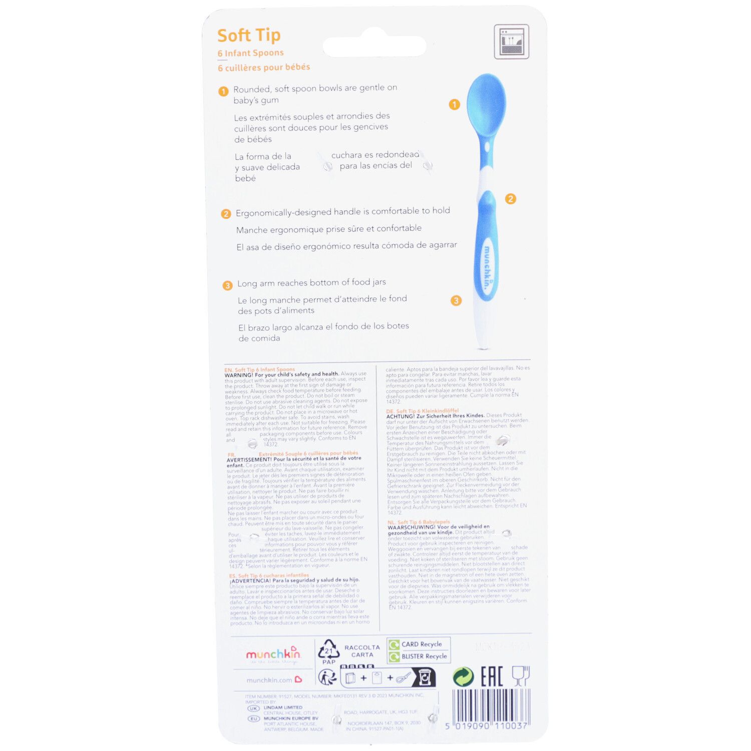 Achterkant van de verpakking met productinformatie en afbeelding van een blauwe baby lepel.