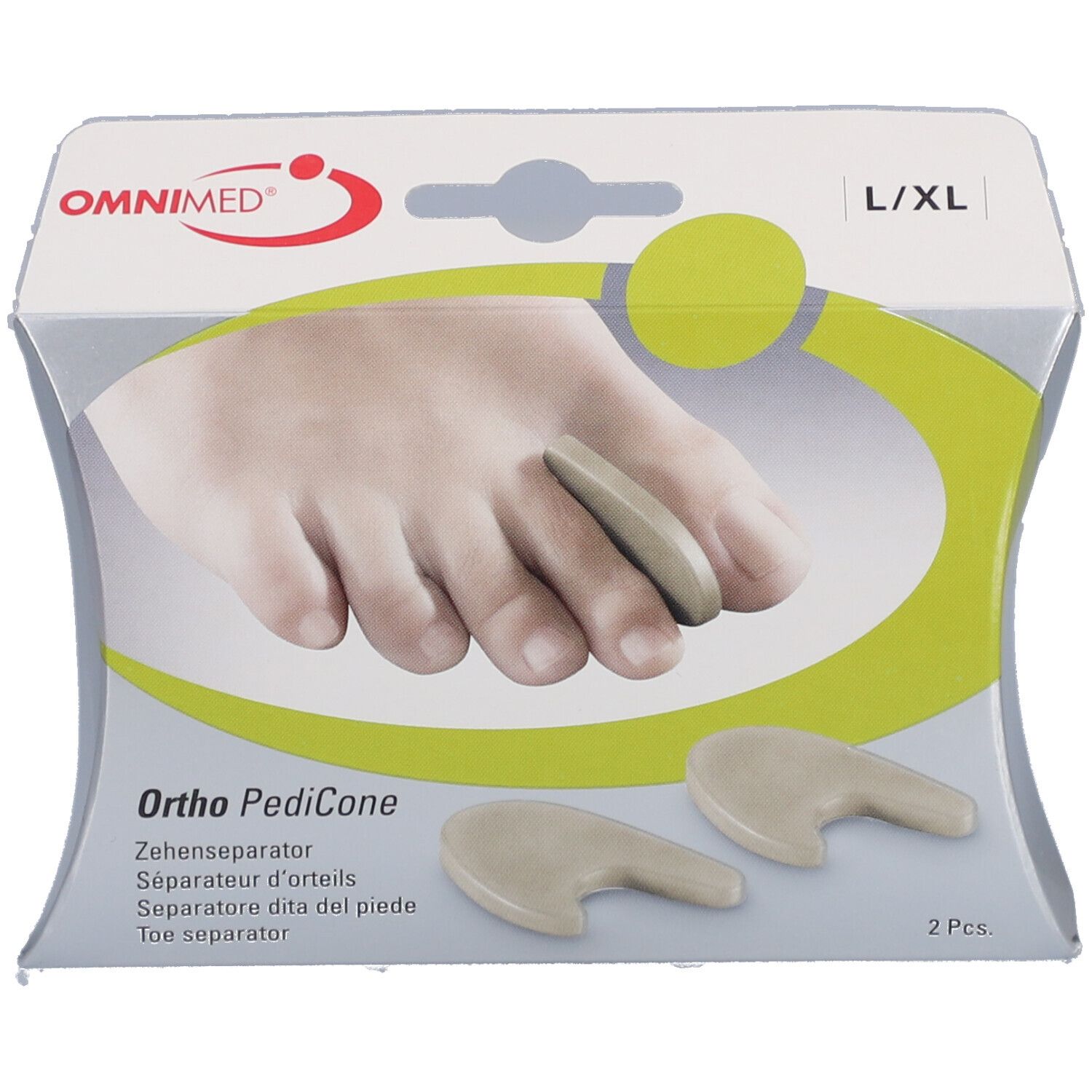 Emballage Ortho PediCone L/XL. Deux séparateurs beiges devant un pied. Logo OMNIMED et texte.