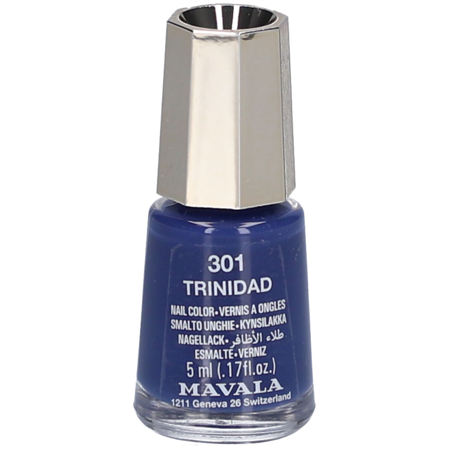 Flacon de vernis à ongles bleu, bouchon argenté. Inscription: 301 Trinidad, Nail Color, 5 ml, Mavala.