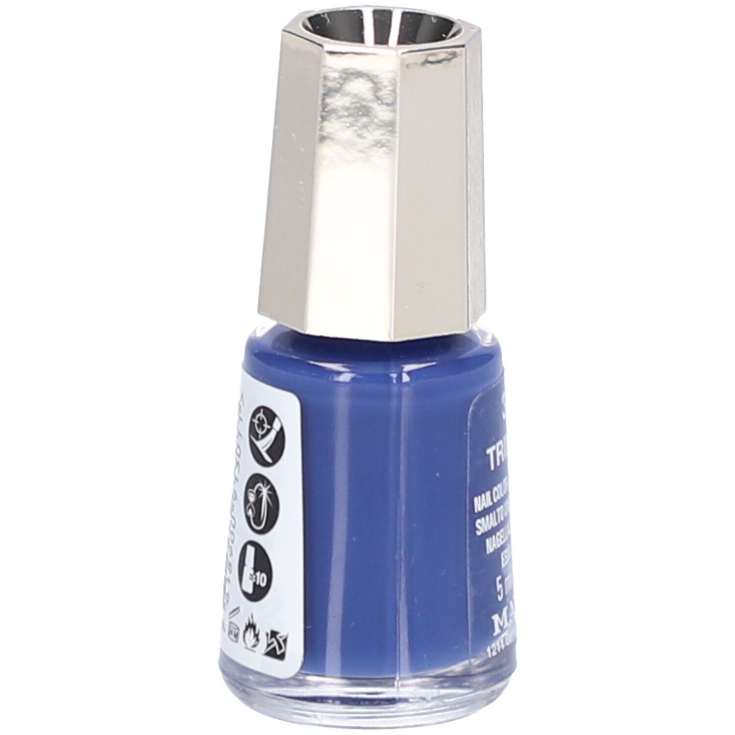 Flacon de vernis à ongles bleu, bouchon argenté. Symboles et texte sur le côté.