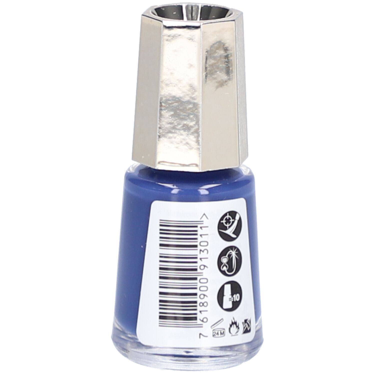 Flacon de vernis à ongles bleu, bouchon argenté. Code-barres et symboles sur le côté.