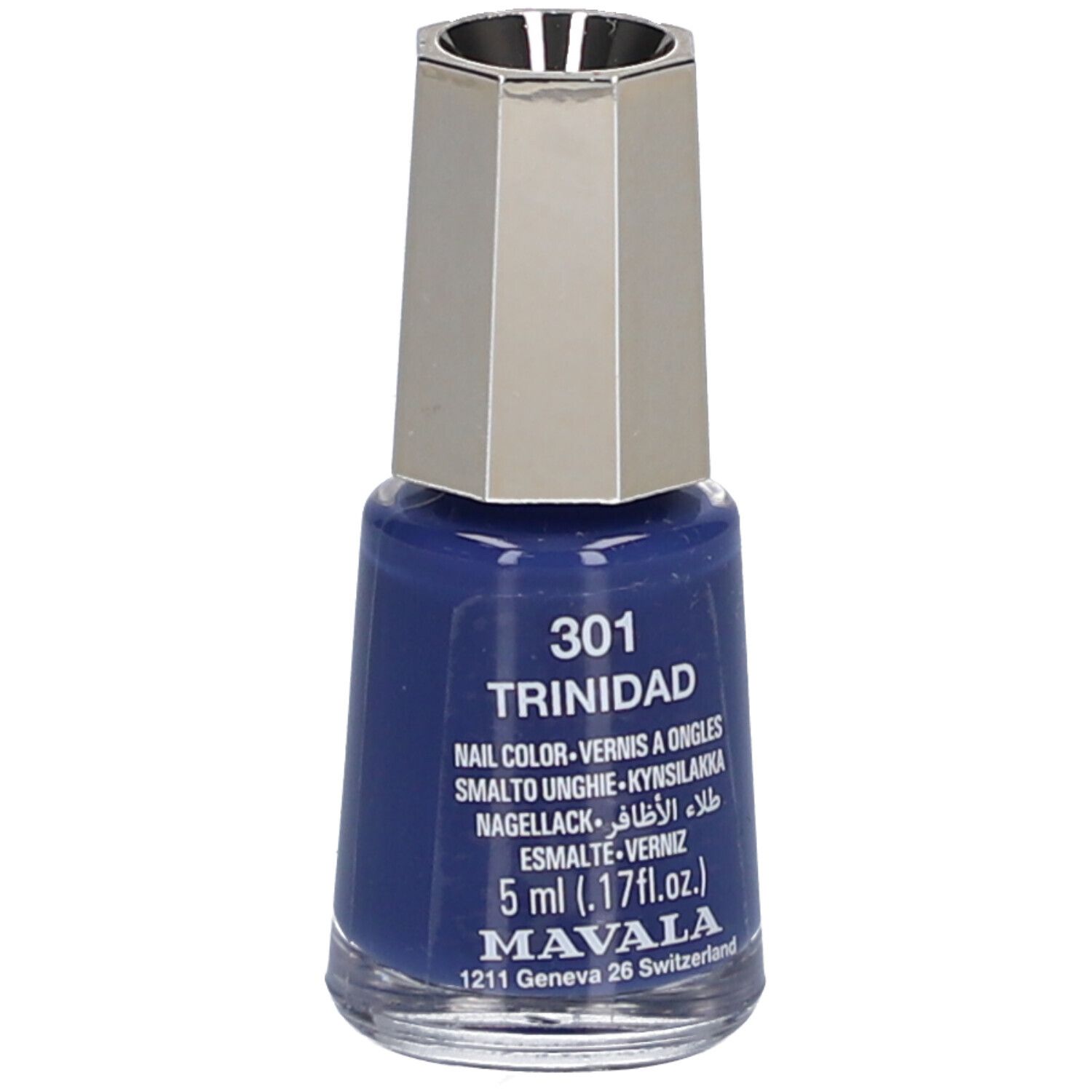 Flacon de vernis à ongles bleu, bouchon argenté. Inscription: 301 Trinidad, Nail Color, 5 ml, Mavala.
